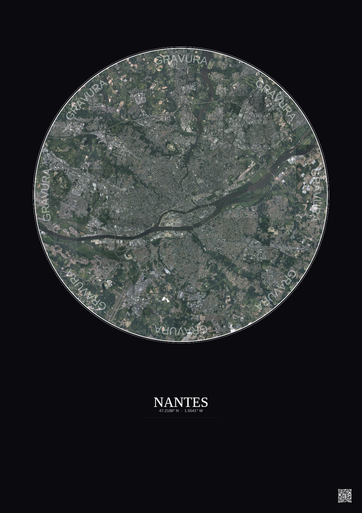 Affiche Nantes – Poster vue satellite 10km Couleur | Gravura – Fond foncé