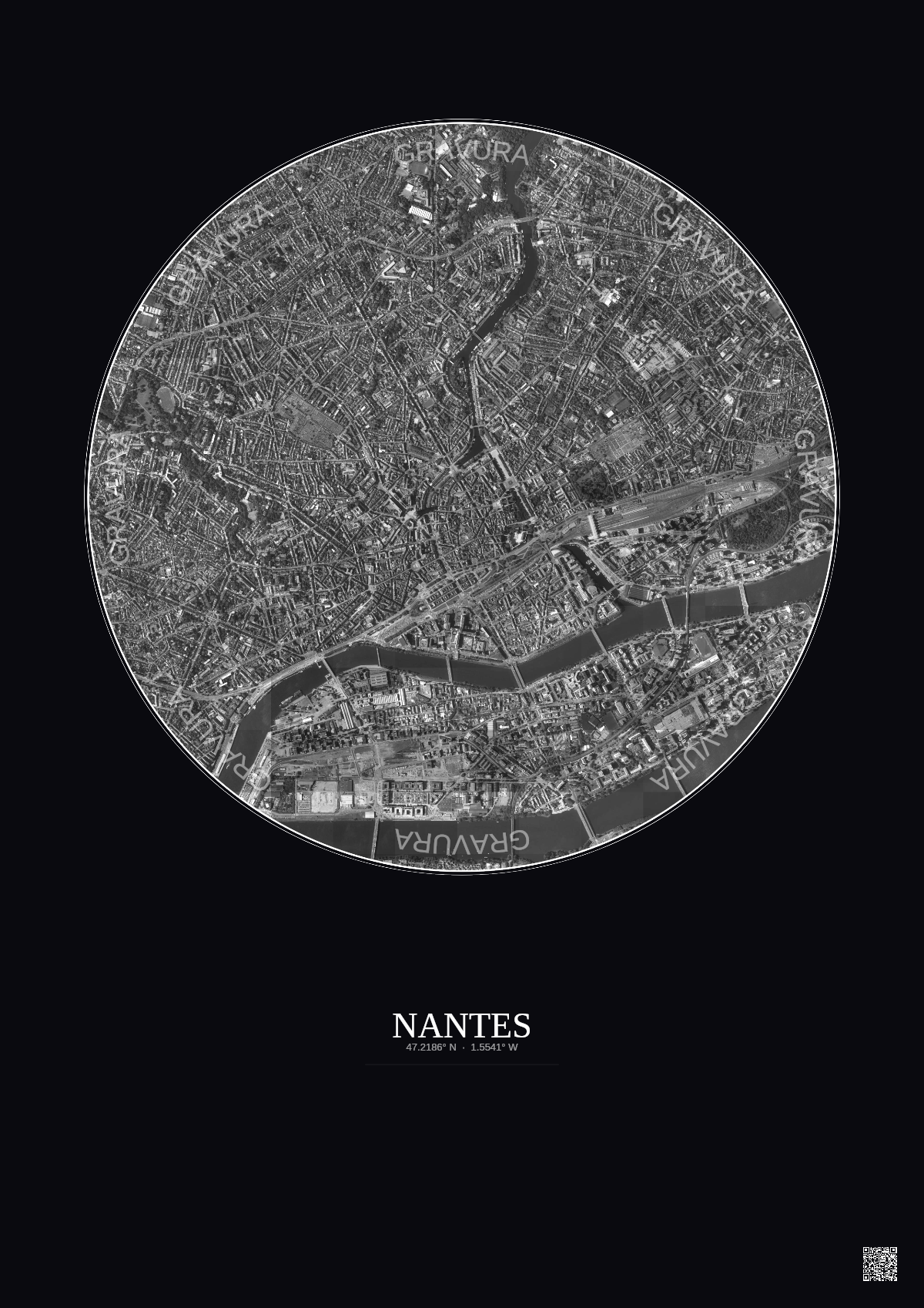 Affiche Nantes – Poster vue satellite 2.5km N&B | Gravura – Fond foncé