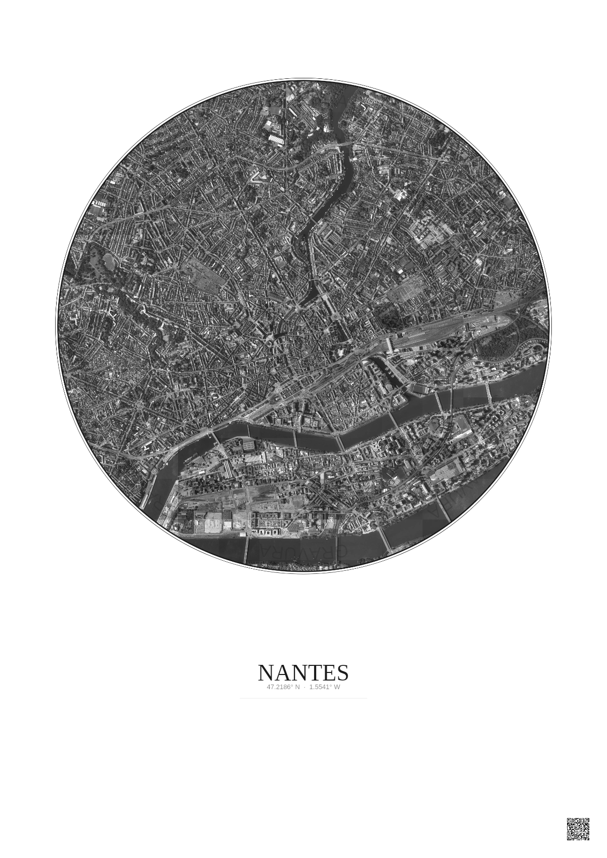 Affiche Nantes – Poster vue satellite 2.5km N&B | Gravura – Fond clair