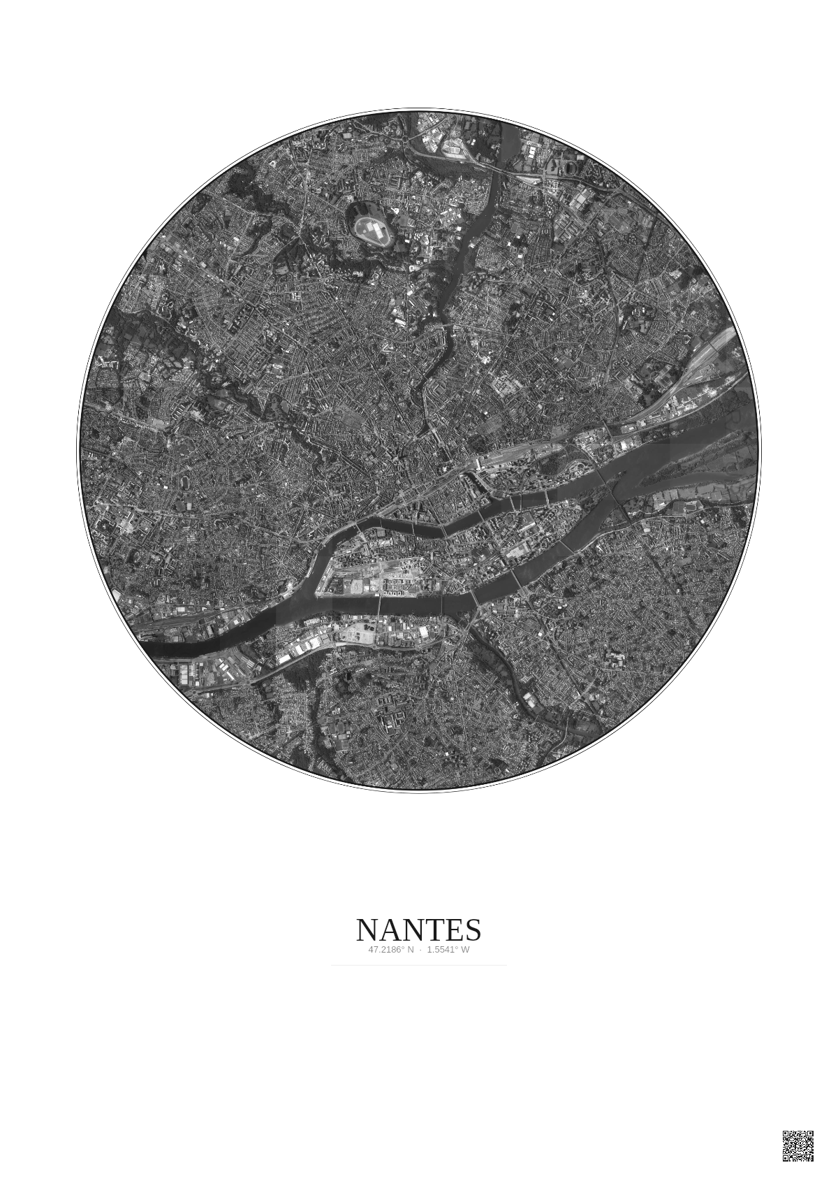 Affiche Nantes – Poster vue satellite 5km N&B | Gravura – Fond clair