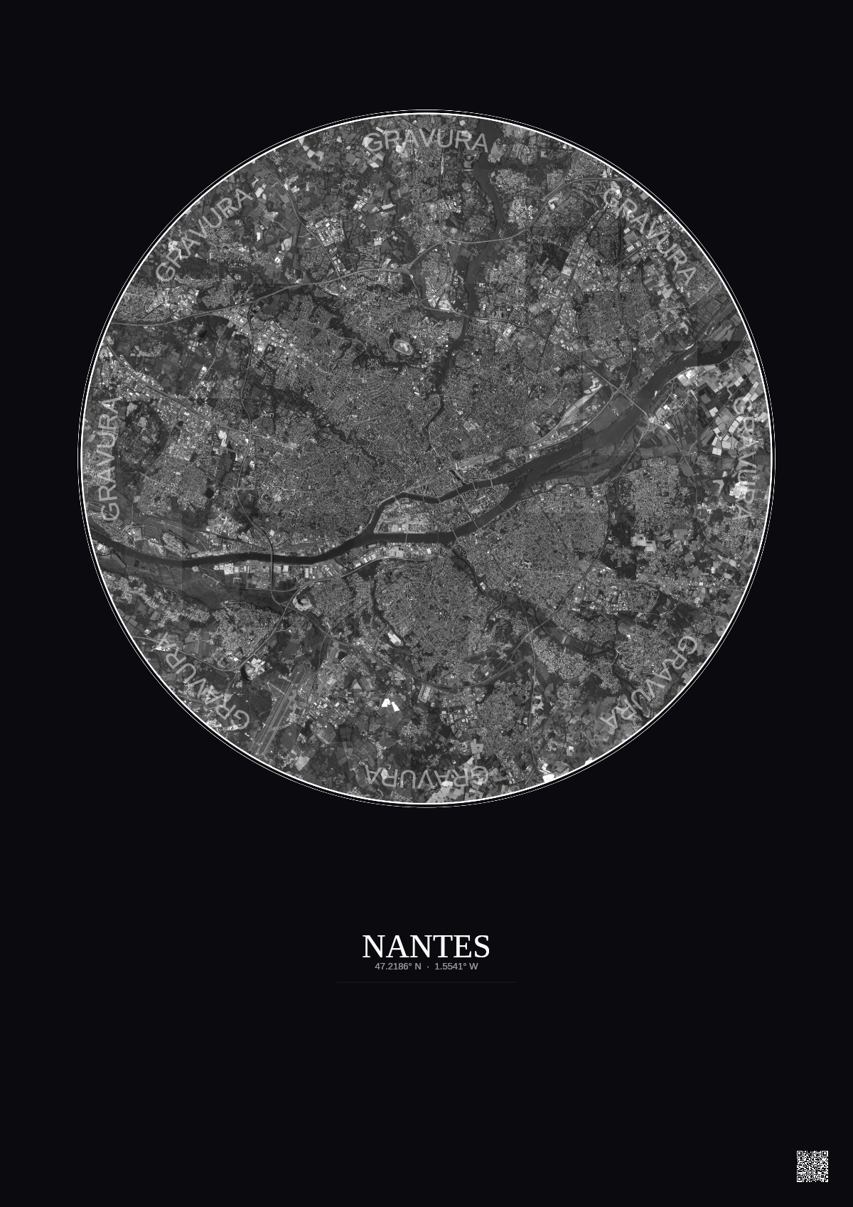 Affiche Nantes – Poster vue satellite 10km N&B | Gravura – Fond foncé