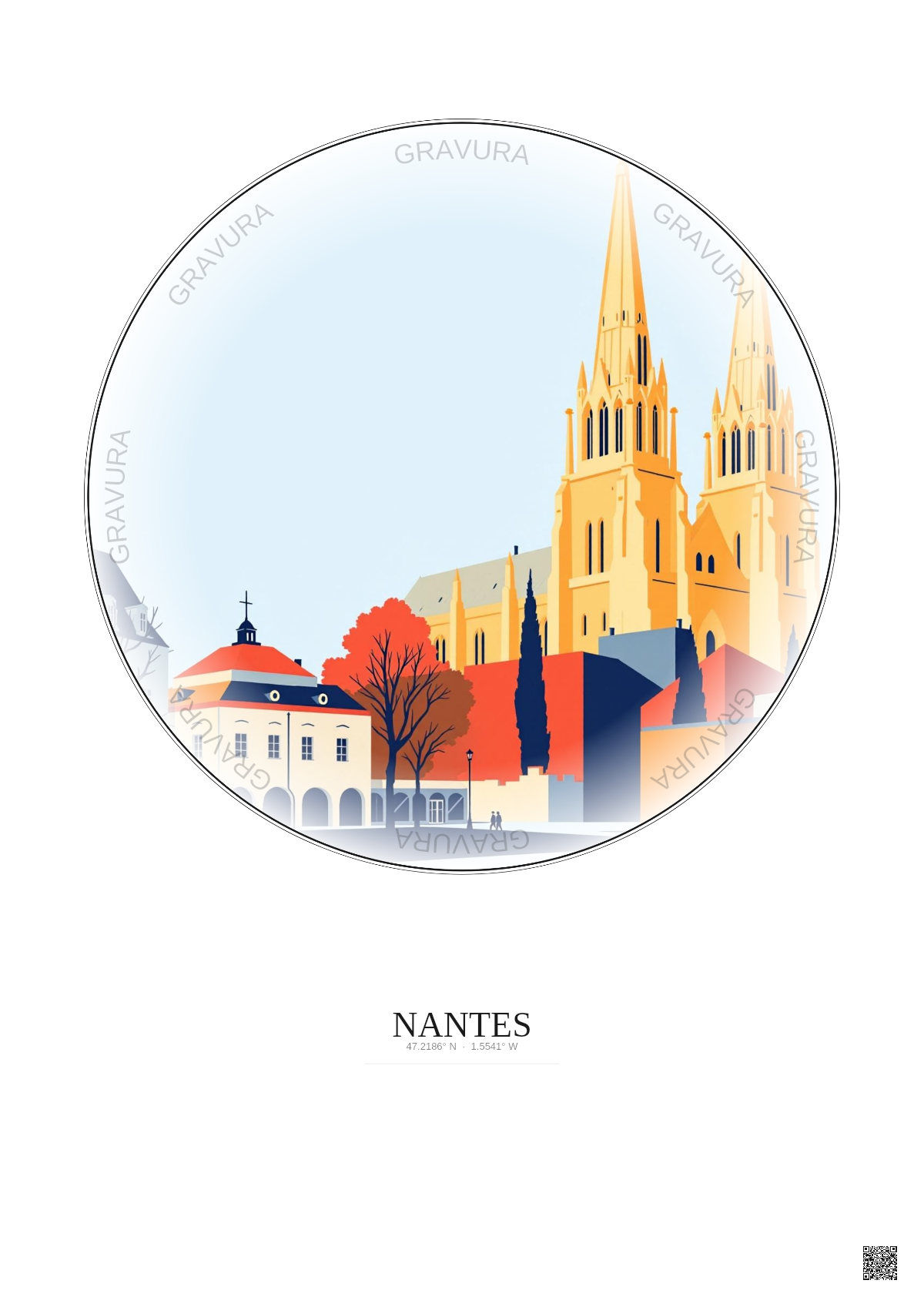 Affiche Nantes – Poster illustration vintage – Cathedrale Saint Pierre Et Saint Paul | Gravura – Fond clair
