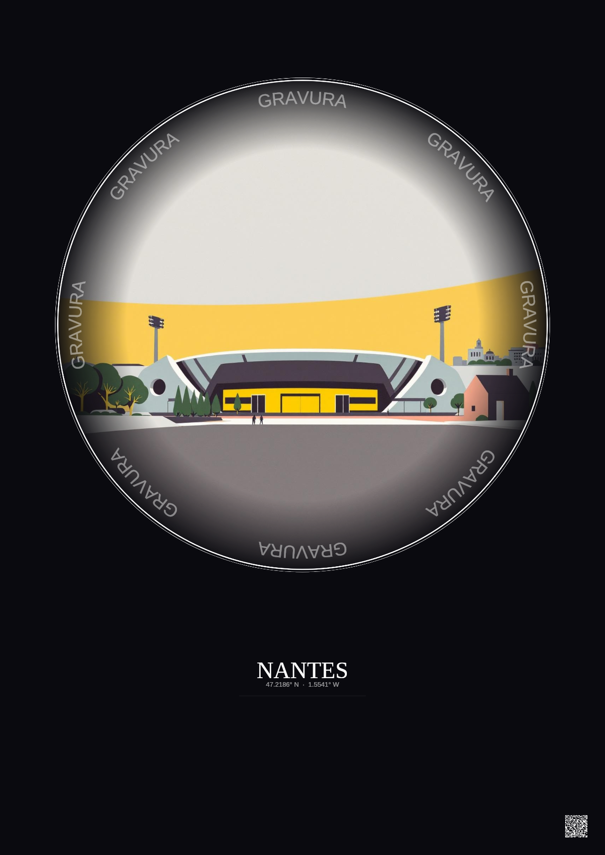 Affiche Nantes – Poster illustration vintage – Stade De La Beaujoire | Gravura – Fond foncé