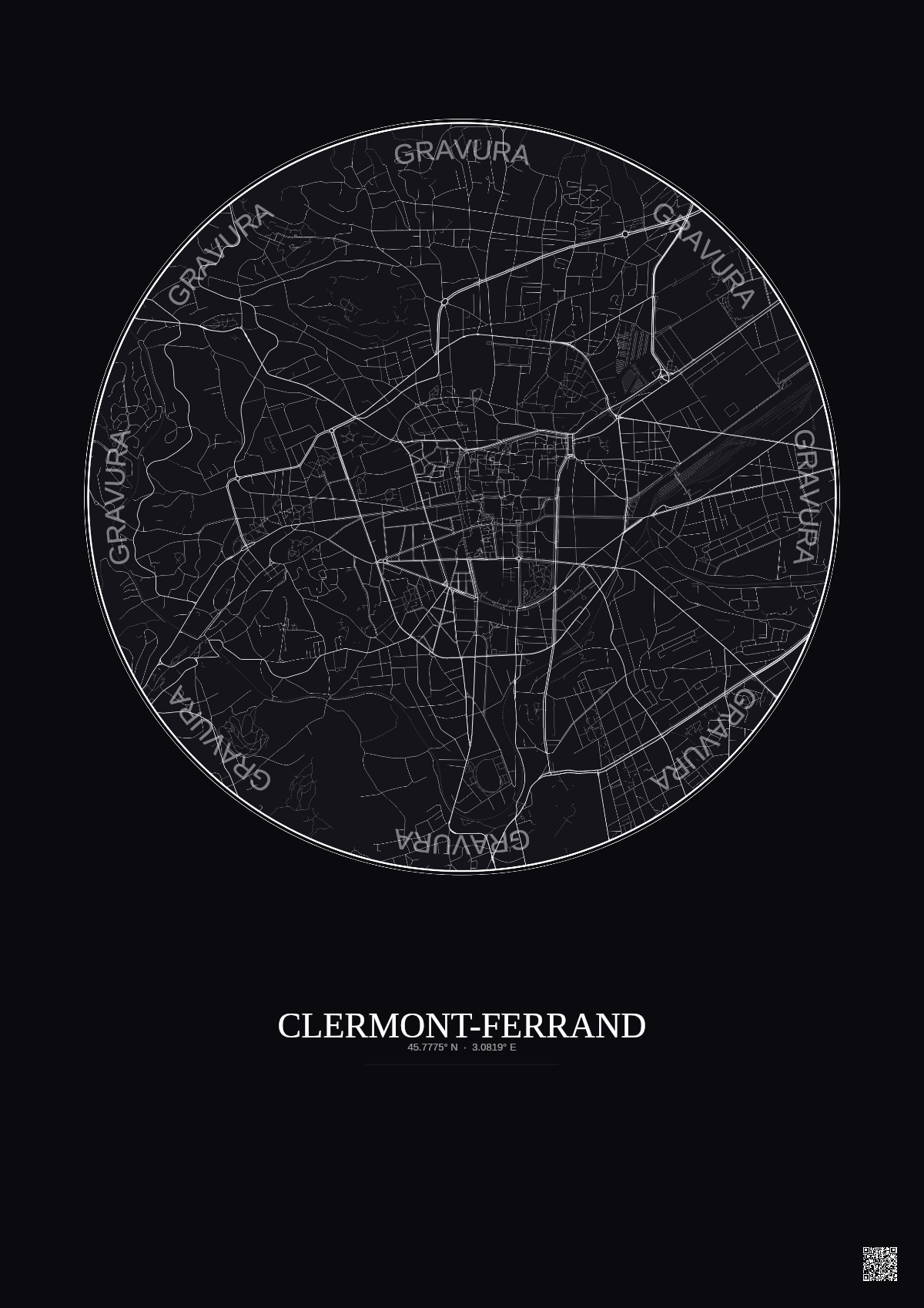 Affiche Clermont Ferrand – Poster carte de ville 2.5km | Gravura – Fond foncé