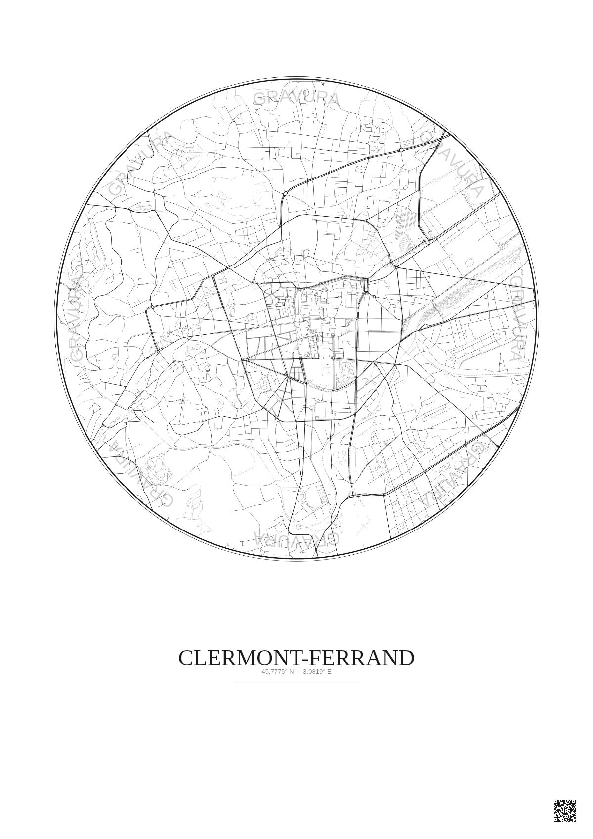 Affiche Clermont Ferrand – Poster carte de ville 2.5km | Gravura – Fond clair