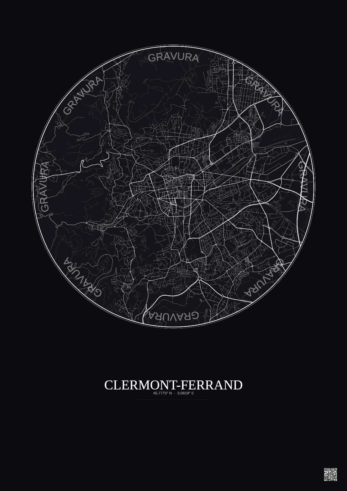 Affiche Clermont Ferrand – Poster carte de ville 5km | Gravura – Fond foncé