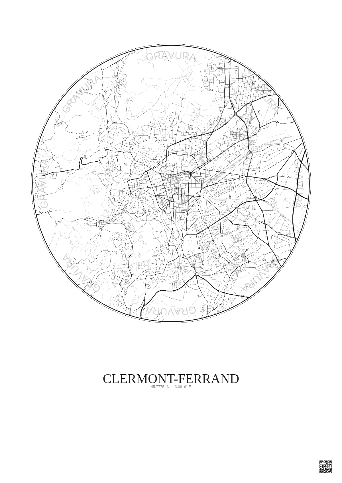 Affiche Clermont Ferrand – Poster carte de ville 5km | Gravura – Fond clair