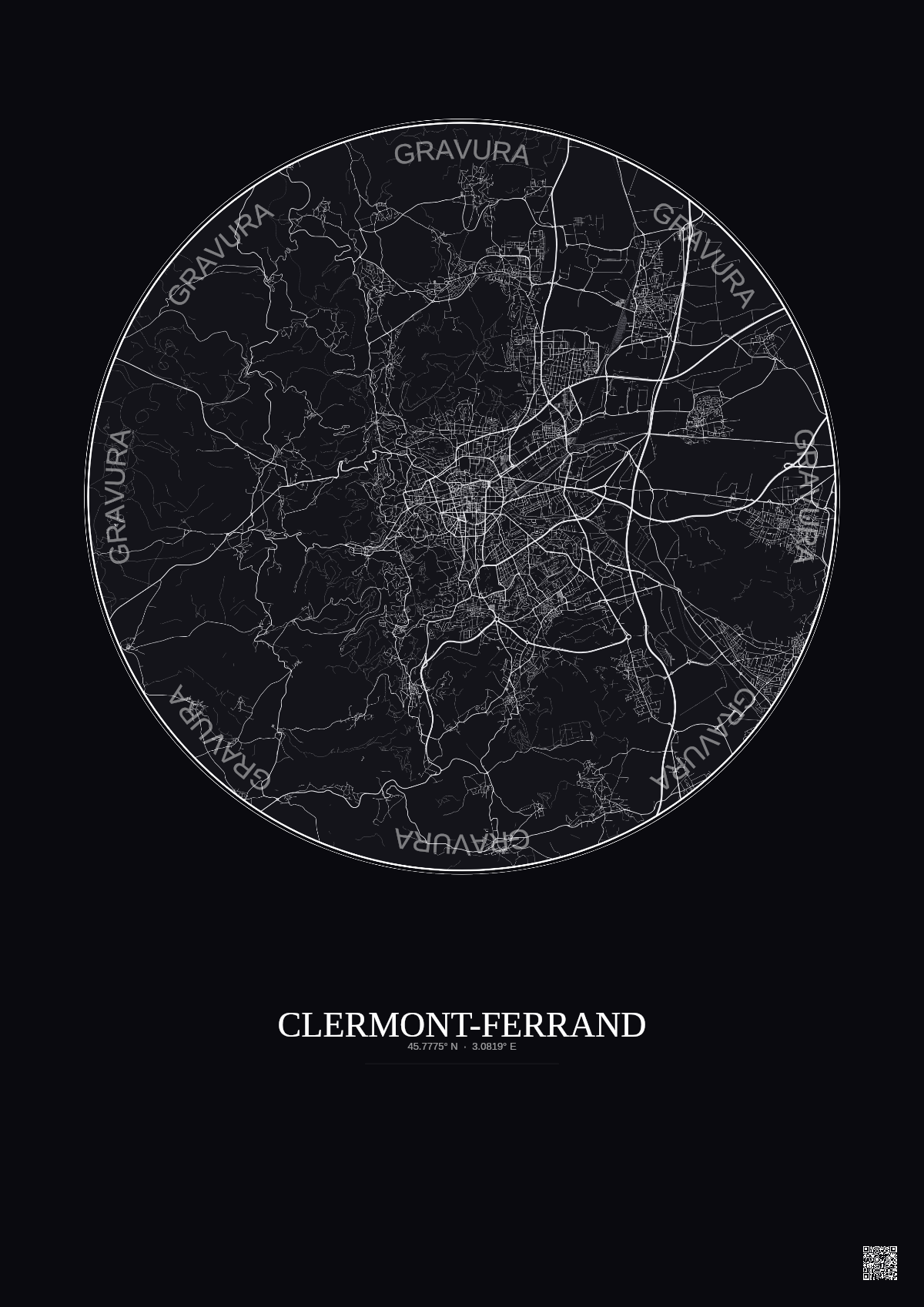 Affiche Clermont Ferrand – Poster carte de ville 10km | Gravura – Fond foncé