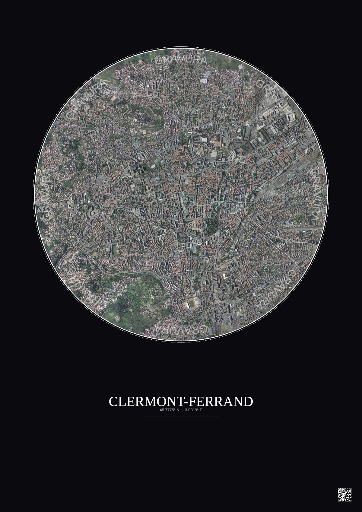 Affiche Clermont Ferrand – Poster vue satellite 2.5km Couleur | Gravura – Fond foncé