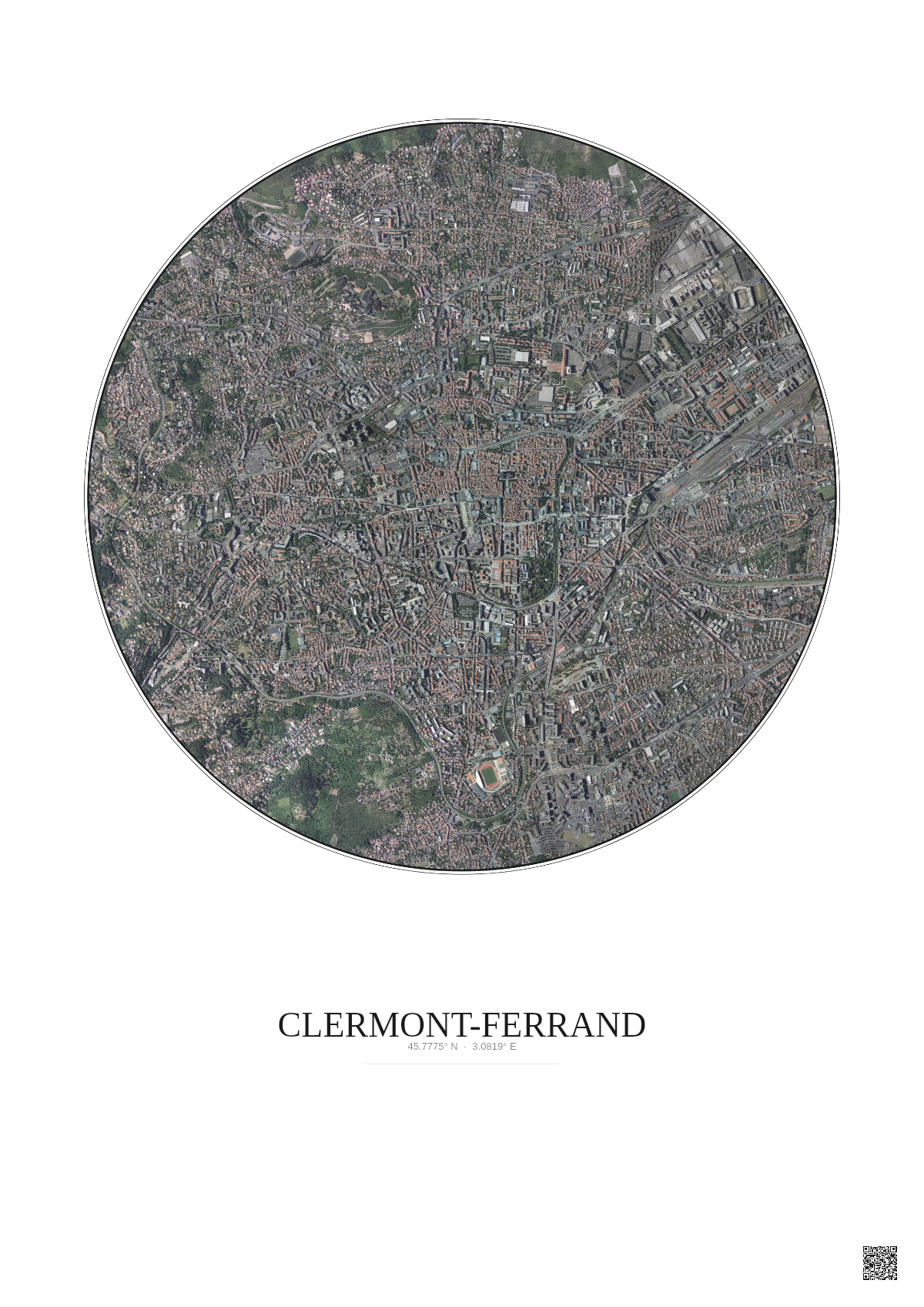 Affiche Clermont Ferrand – Poster vue satellite 2.5km Couleur | Gravura – Fond clair