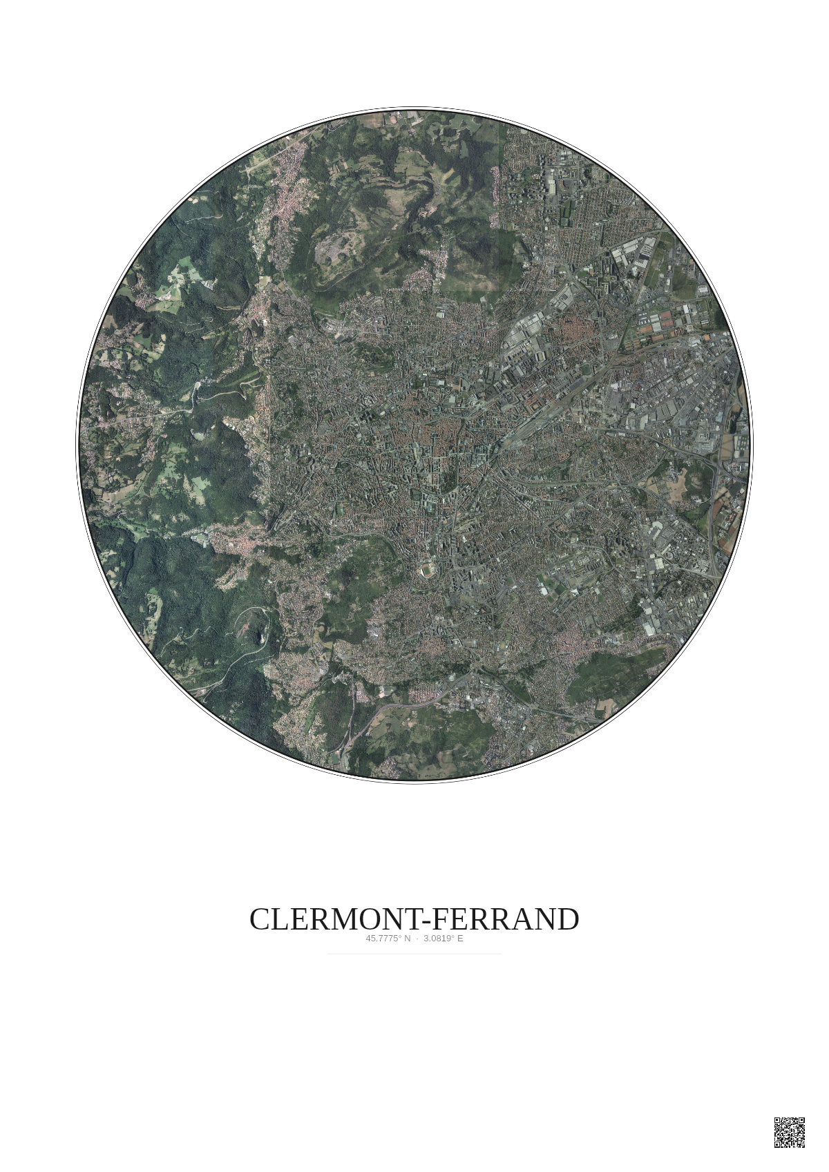 Affiche Clermont Ferrand – Poster vue satellite 5km Couleur | Gravura – Fond clair