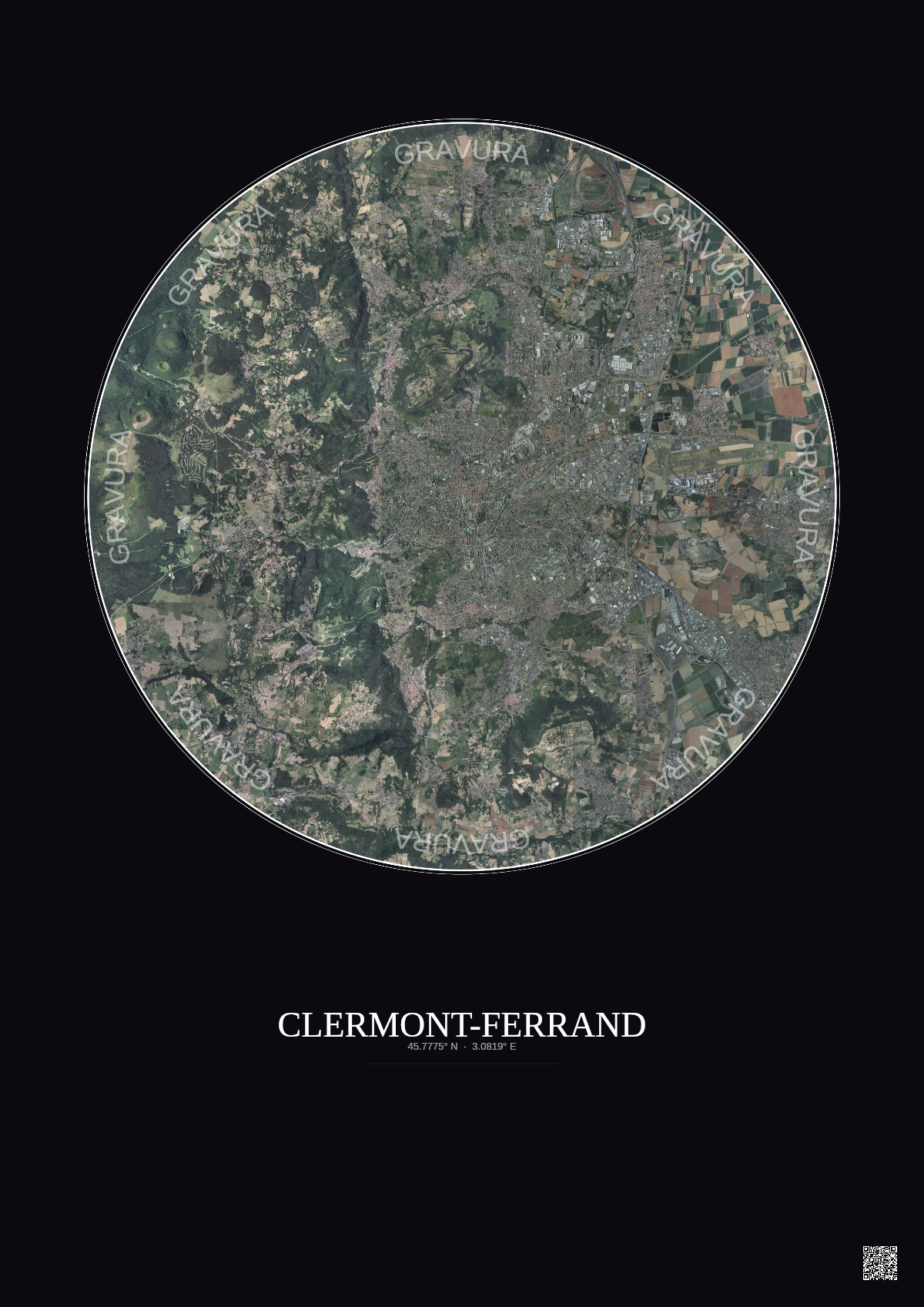 Affiche Clermont Ferrand – Poster vue satellite 10km Couleur | Gravura – Fond foncé