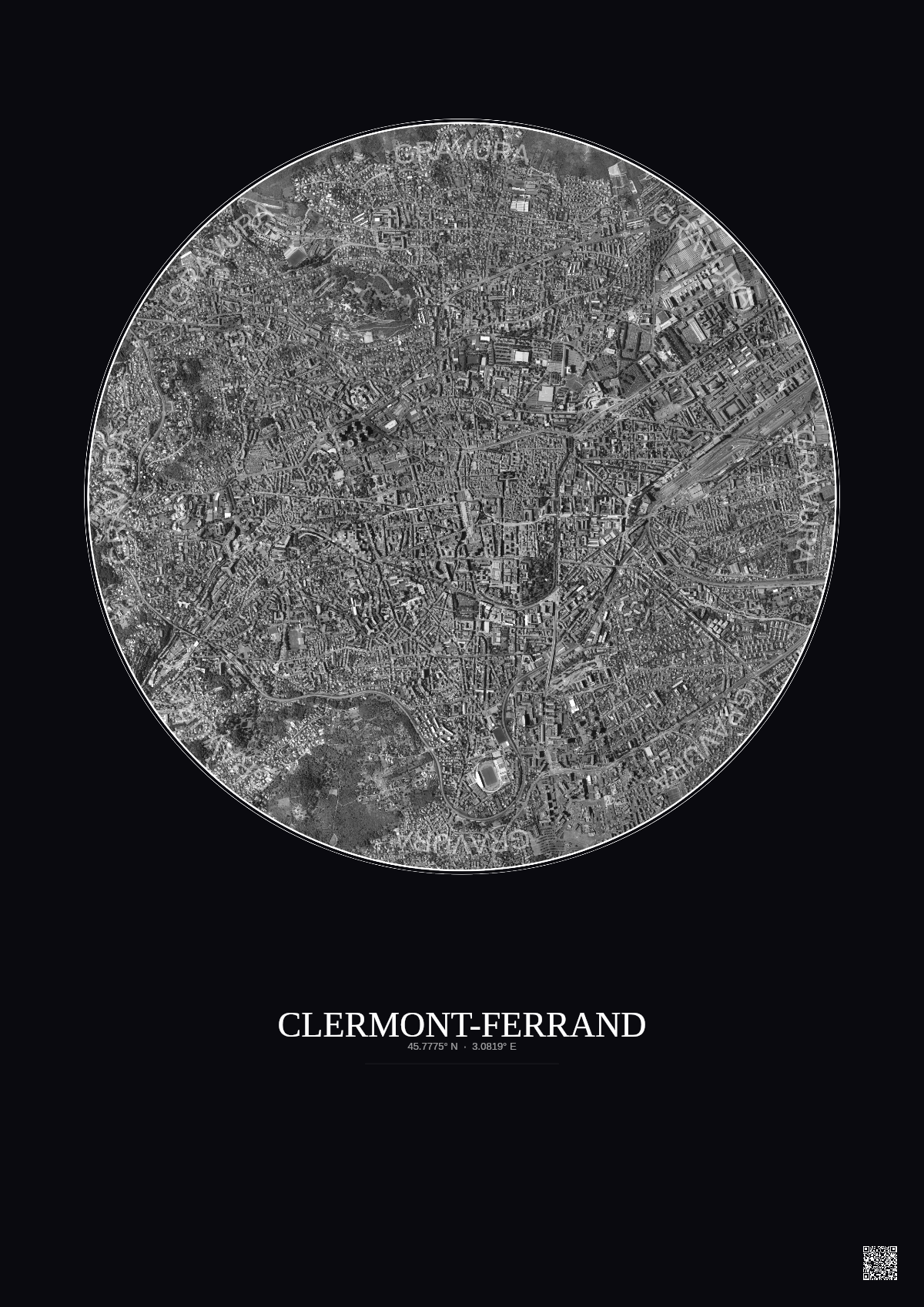 Affiche Clermont Ferrand – Poster vue satellite 2.5km N&B | Gravura – Fond foncé