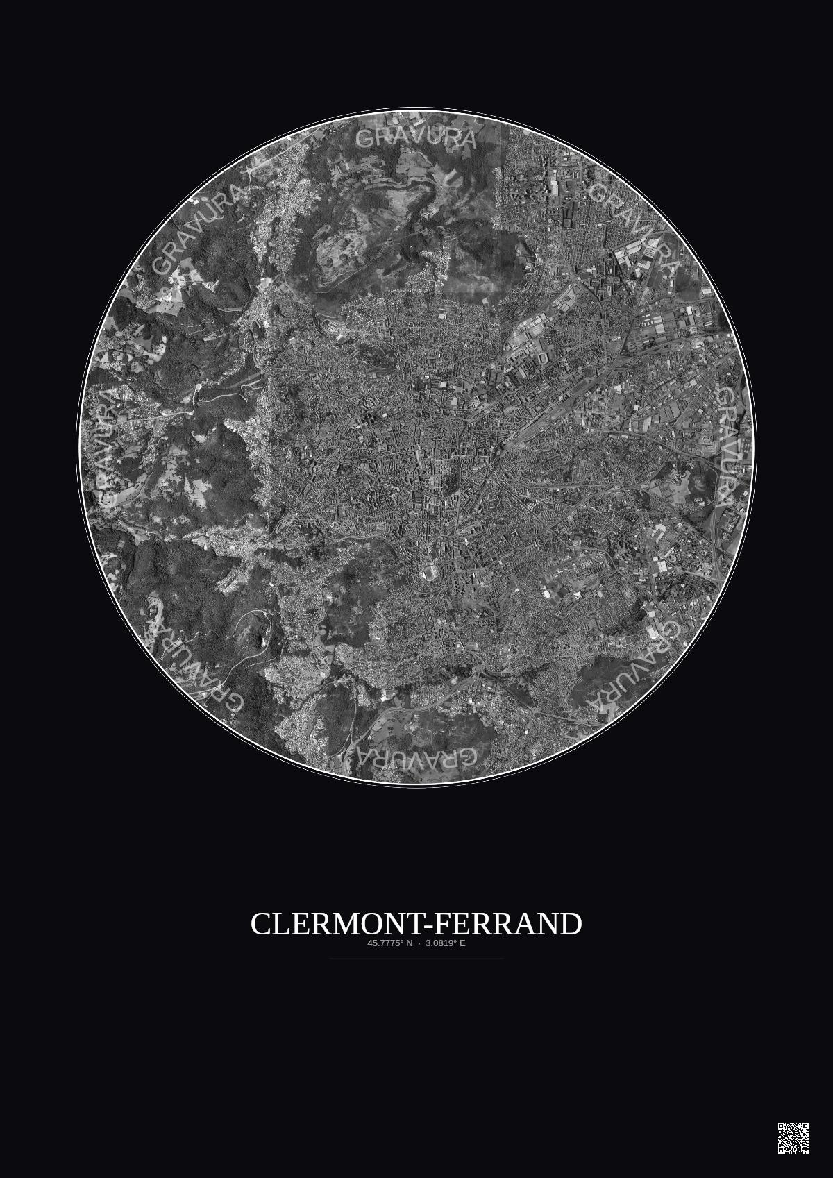 Affiche Clermont Ferrand – Poster vue satellite 5km N&B | Gravura – Fond foncé
