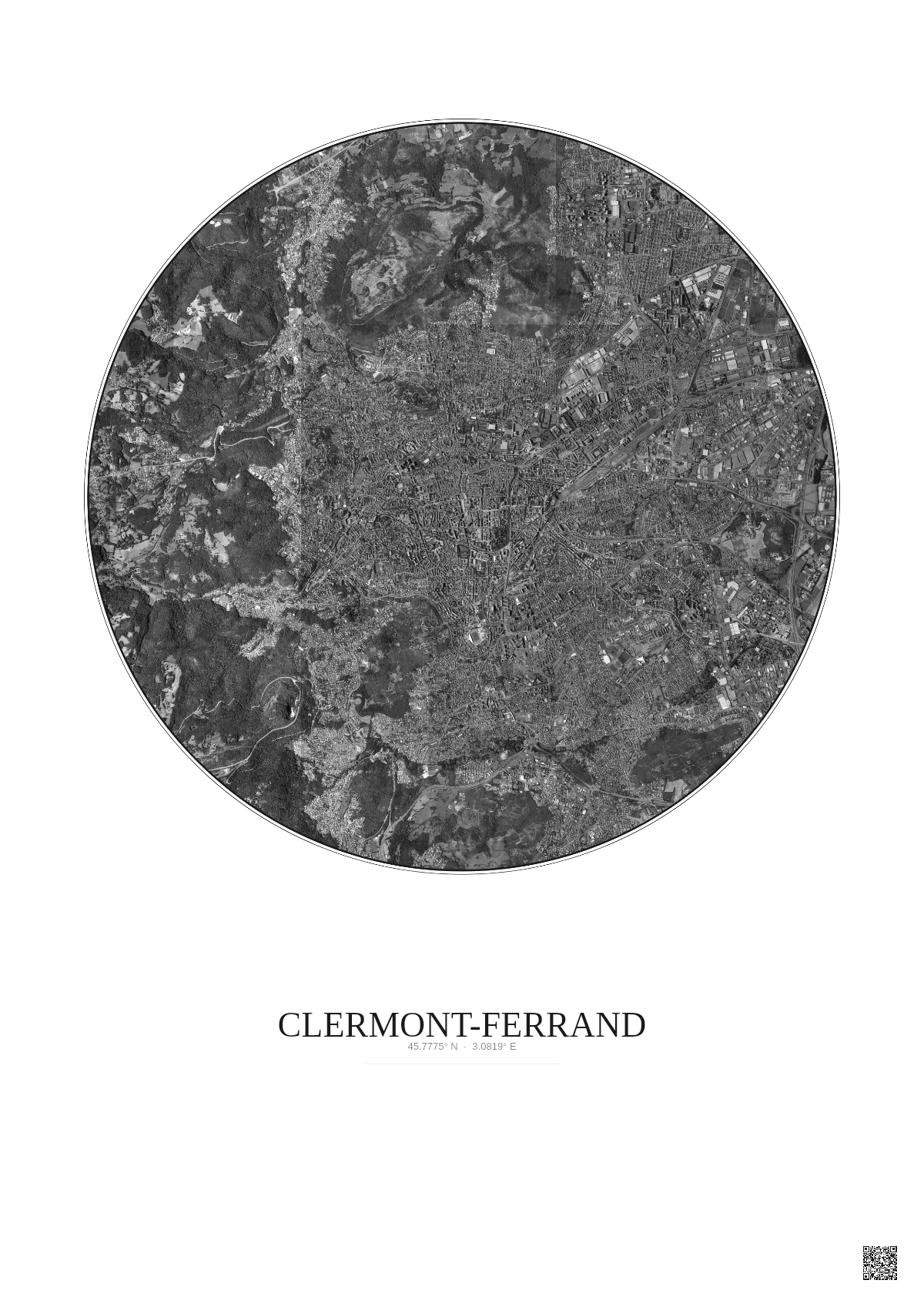 Affiche Clermont Ferrand – Poster vue satellite 5km N&B | Gravura – Fond clair
