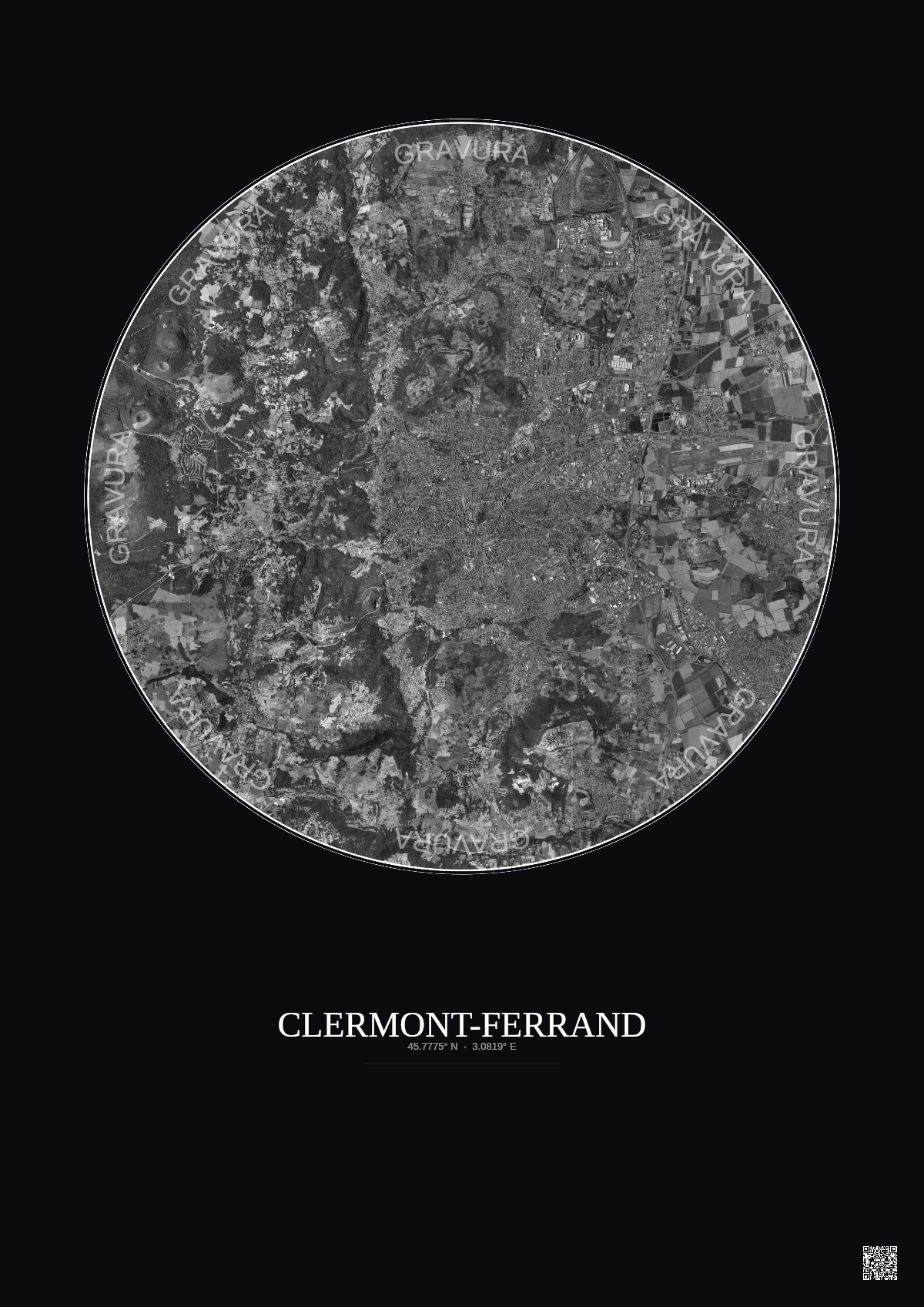 Affiche Clermont Ferrand – Poster vue satellite 10km N&B | Gravura – Fond foncé