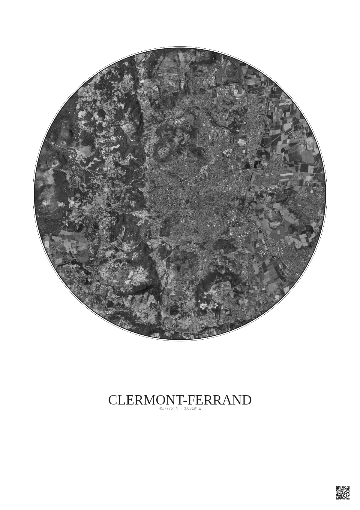 Affiche Clermont Ferrand – Poster vue satellite 10km N&B | Gravura – Fond clair