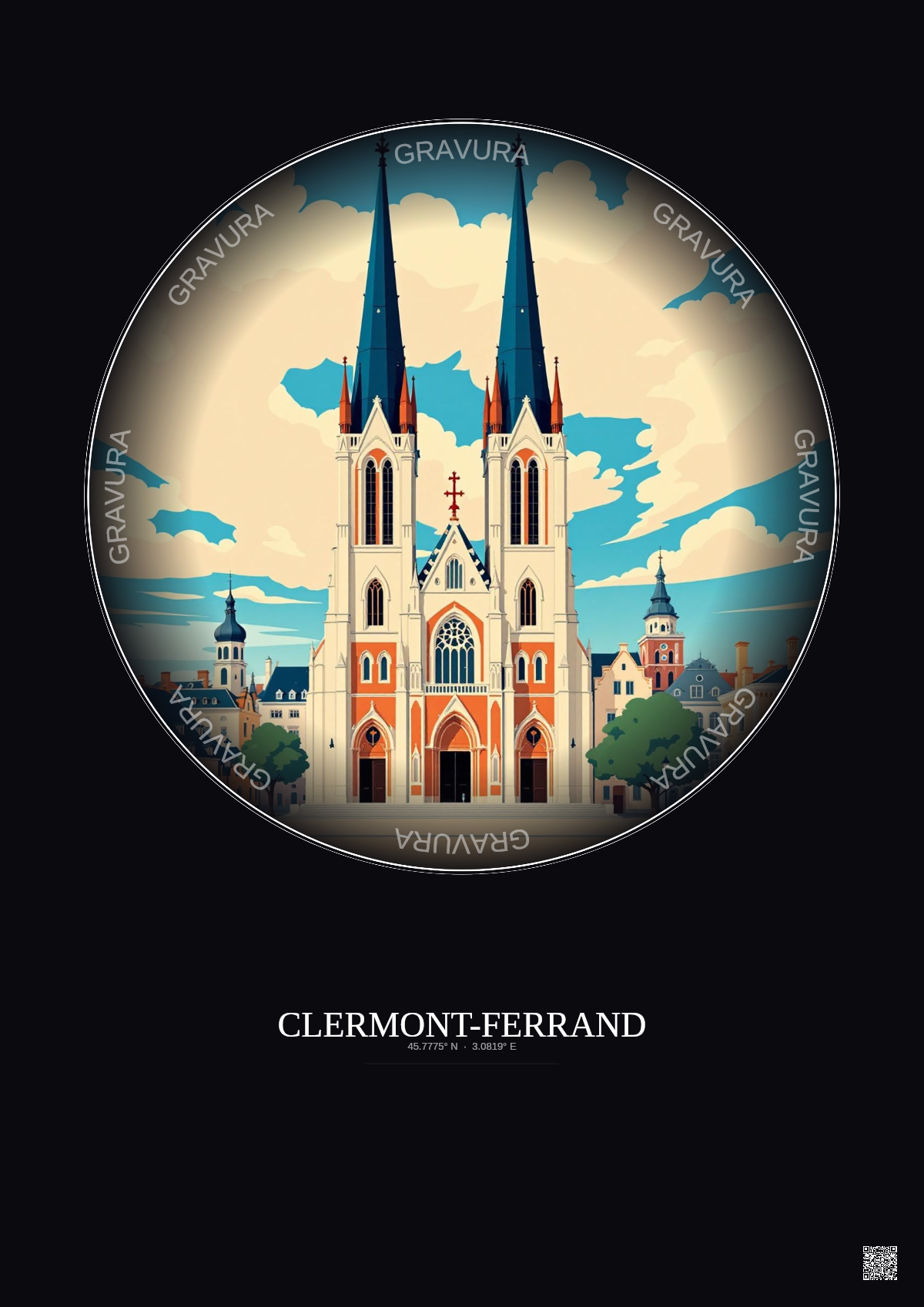 Affiche Clermont Ferrand – Poster illustration vintage – Cathedrale Notre Dame De L Assomption De Clermont Ferrand | Gravura – Fond foncé