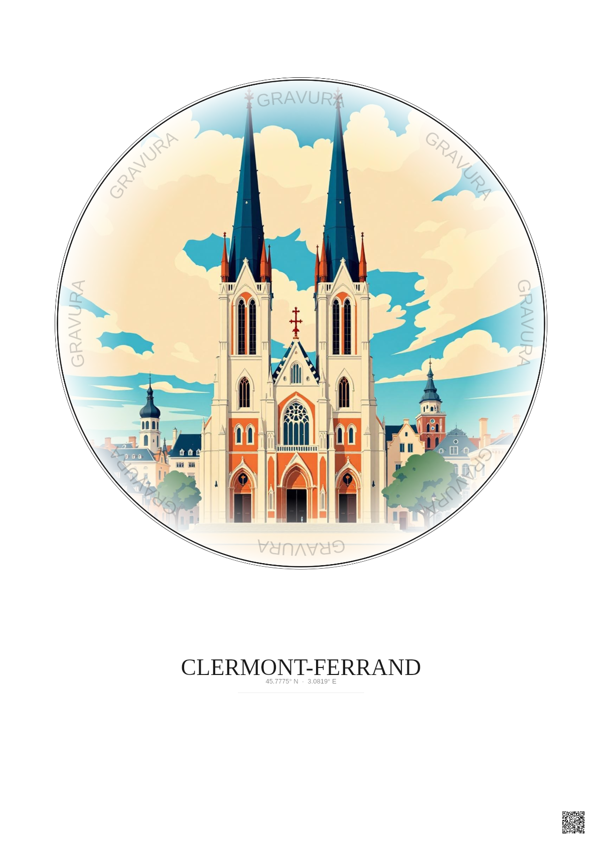 Affiche Clermont Ferrand – Poster illustration vintage – Cathedrale Notre Dame De L Assomption De Clermont Ferrand | Gravura – Fond clair