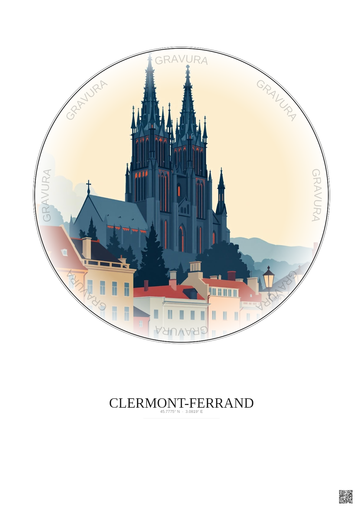 Affiche Clermont Ferrand – Poster illustration vintage – Clermont Ferrand | Gravura – Fond clair