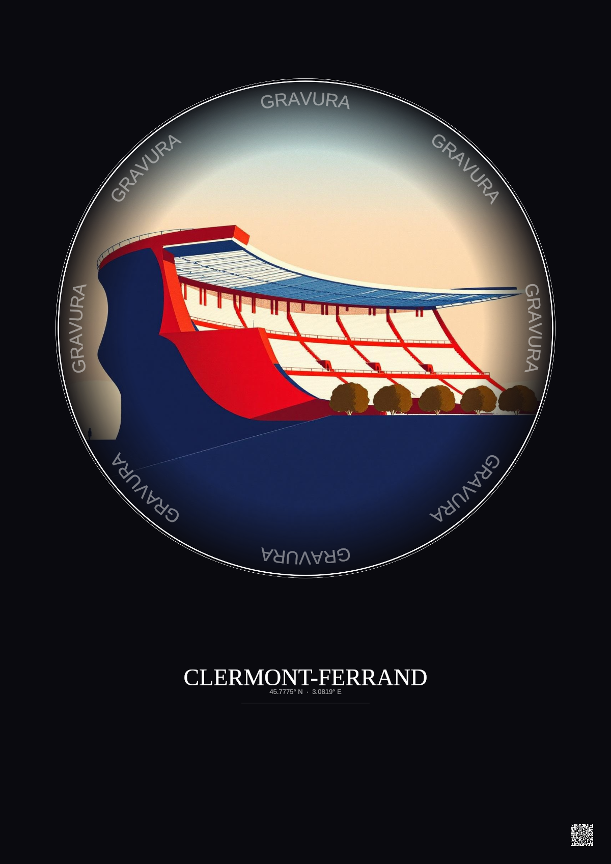 Affiche Clermont Ferrand – Poster illustration vintage – Stade Gabriel Montpied | Gravura – Fond foncé