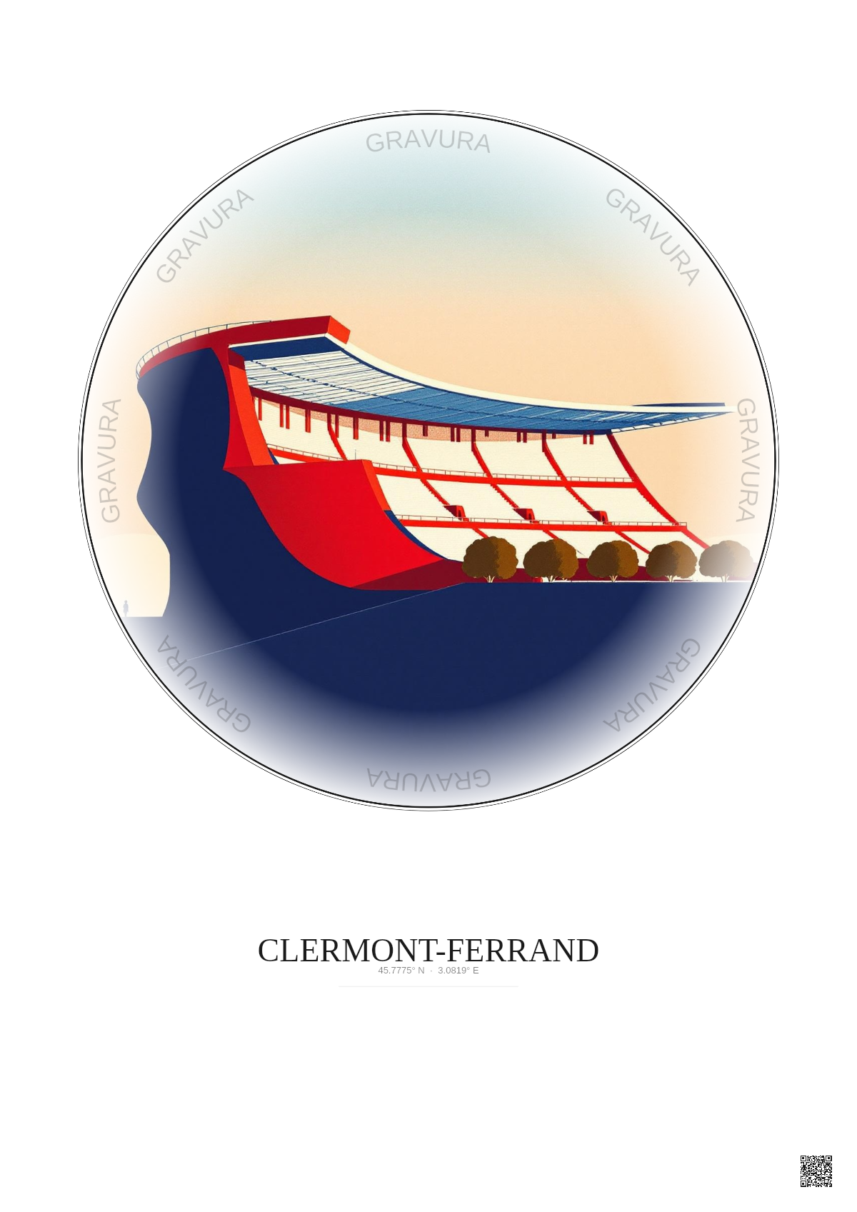 Affiche Clermont Ferrand – Poster illustration vintage – Stade Gabriel Montpied | Gravura – Fond clair