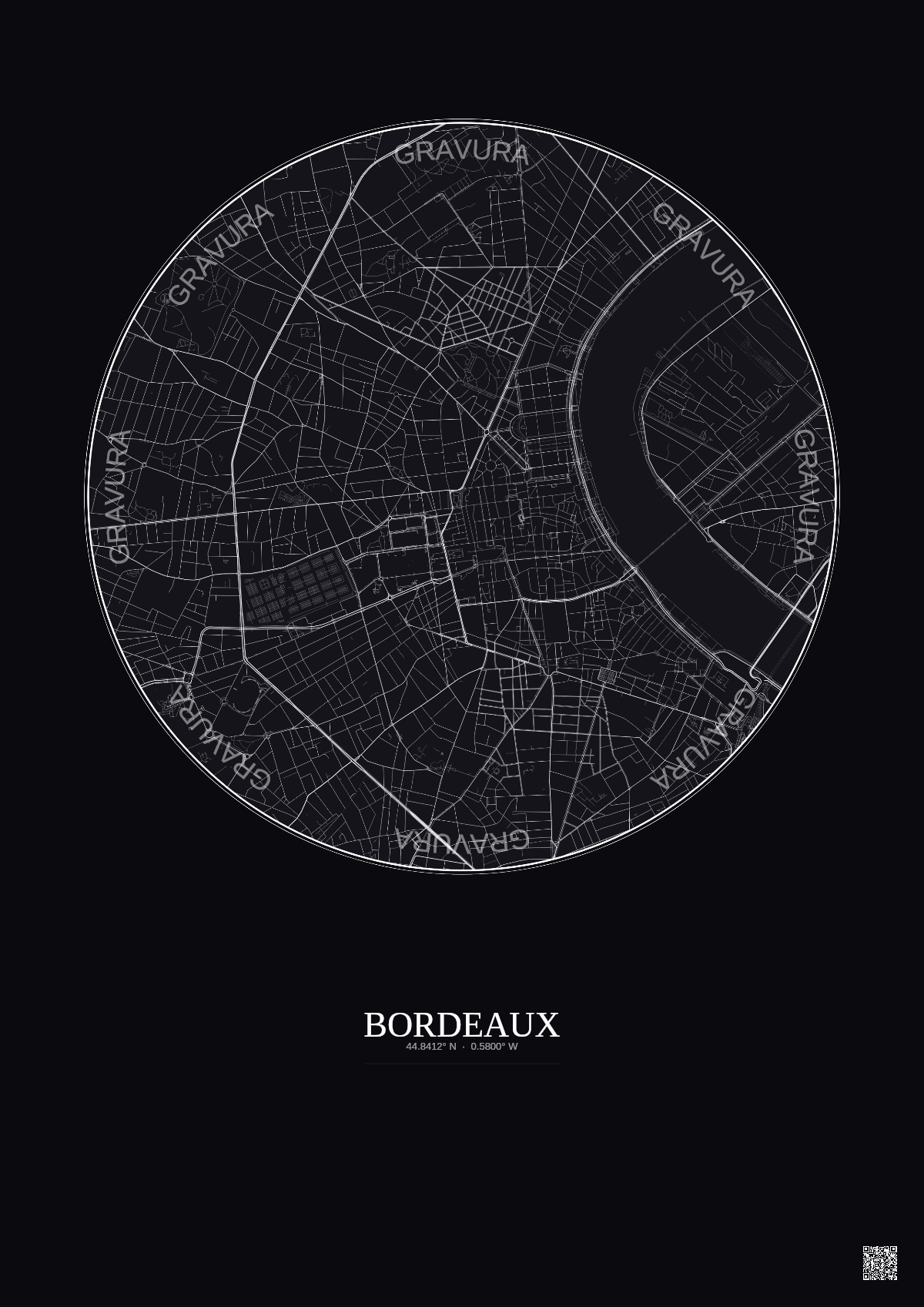 Affiche Bordeaux – Poster carte de ville 2.5km | Gravura – Fond foncé