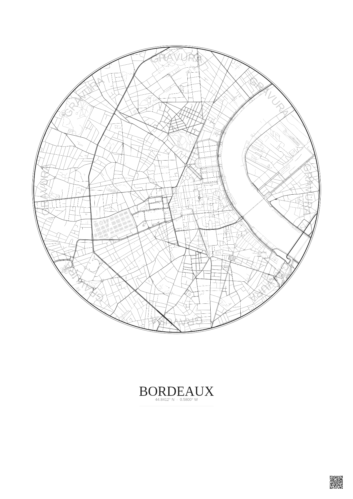 Affiche Bordeaux – Poster carte de ville 2.5km | Gravura – Fond clair