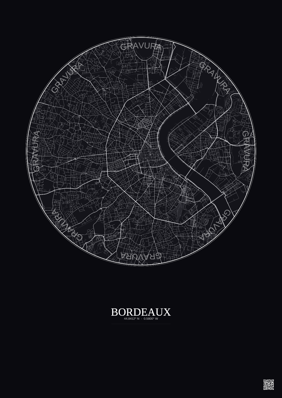 Affiche Bordeaux – Poster carte de ville 5km | Gravura – Fond foncé