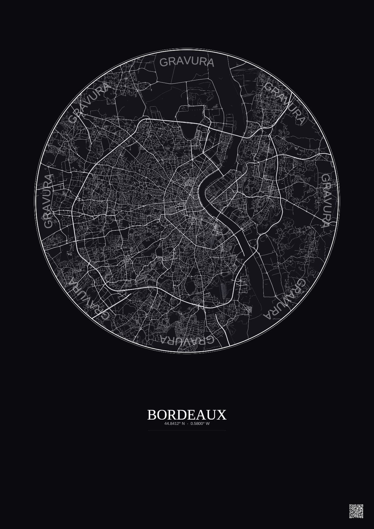 Affiche Bordeaux – Poster carte de ville 10km | Gravura – Fond foncé