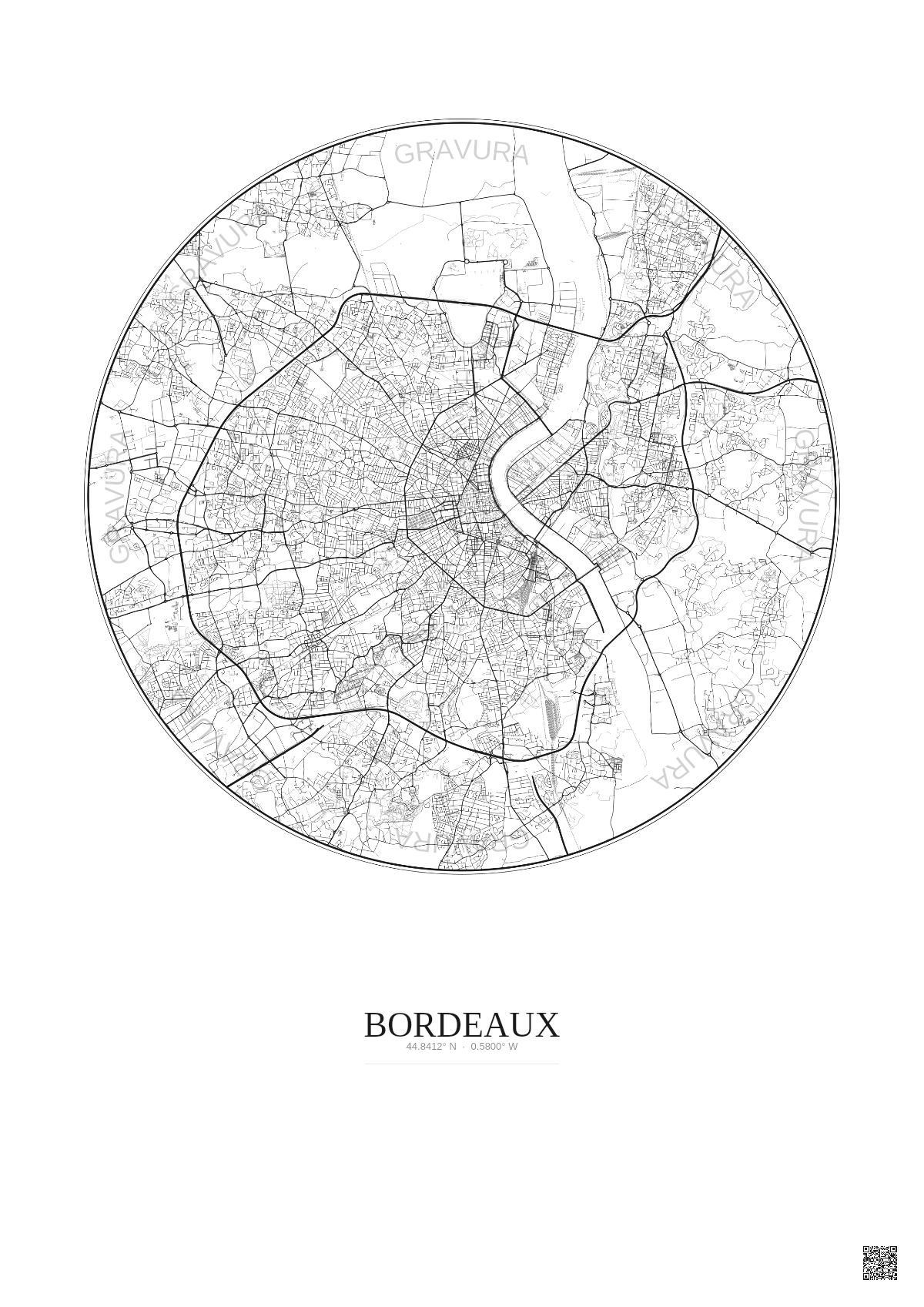 Affiche Bordeaux – Poster carte de ville 10km | Gravura – Fond clair