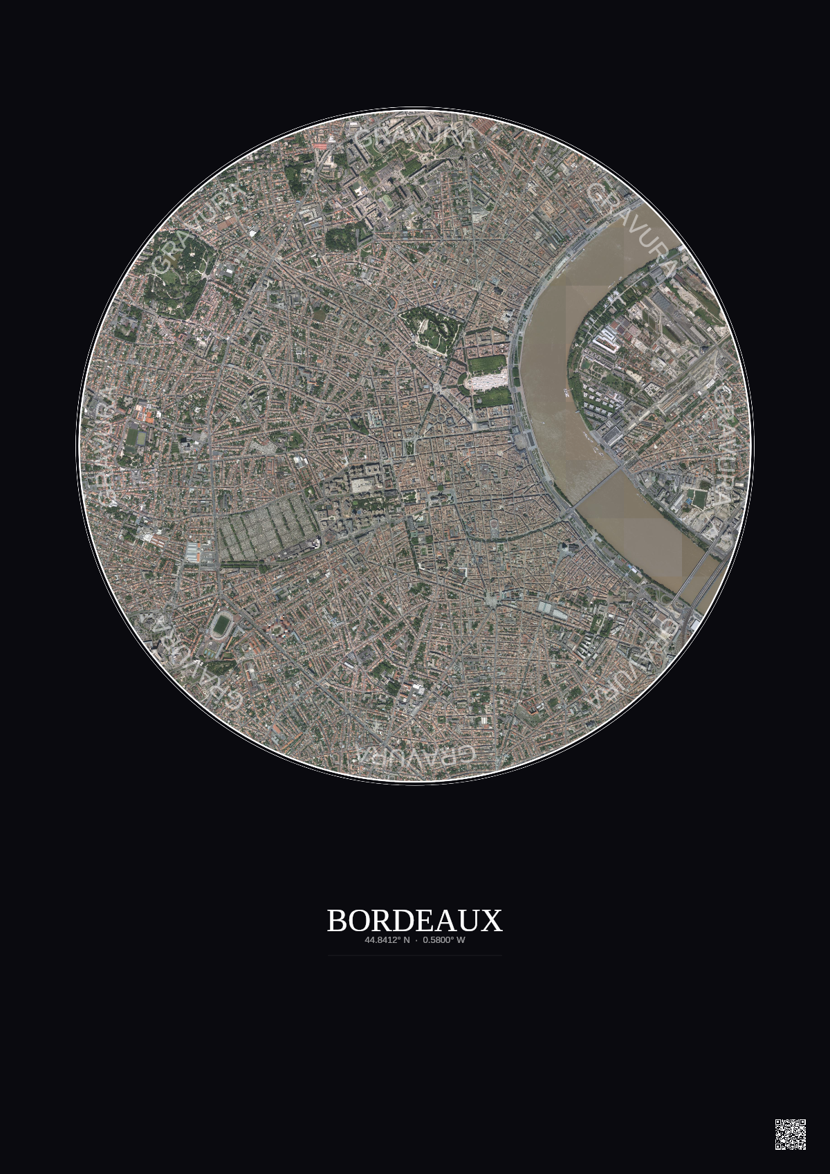 Affiche Bordeaux – Poster vue satellite 2.5km Couleur | Gravura – Fond foncé