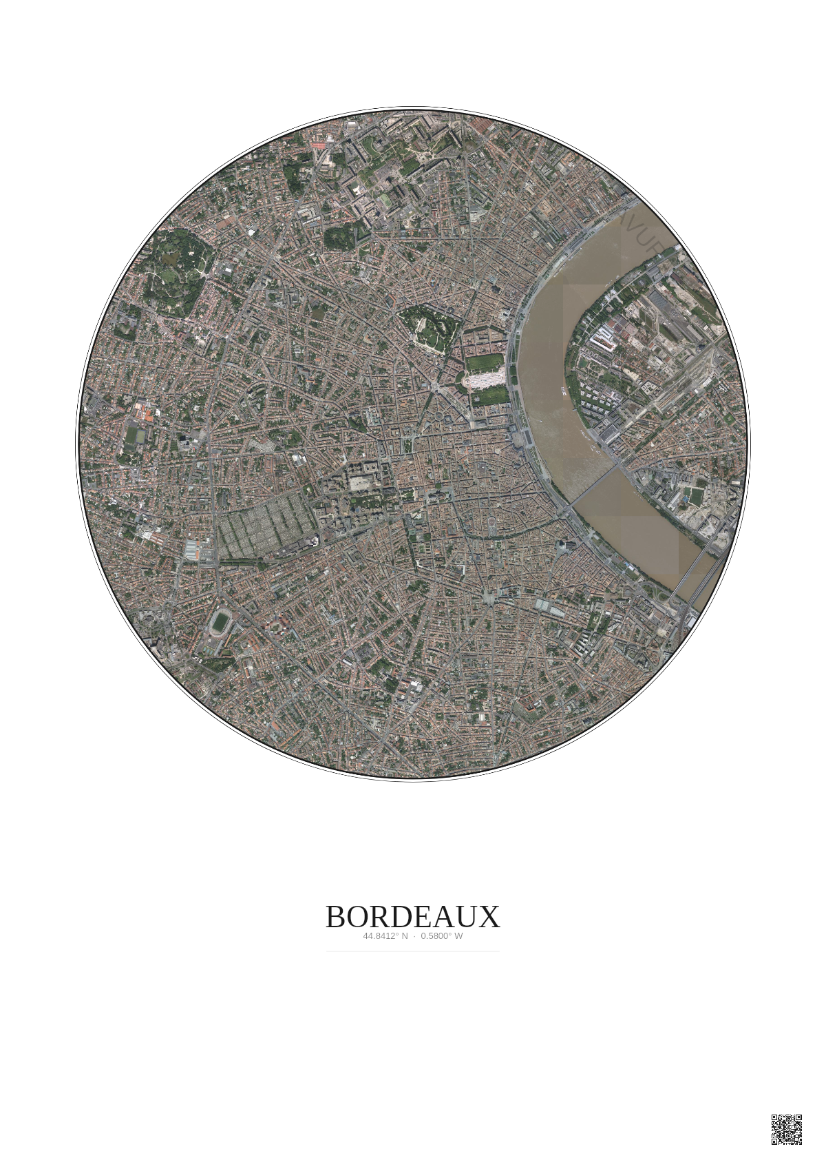 Affiche Bordeaux – Poster vue satellite 2.5km Couleur | Gravura – Fond clair