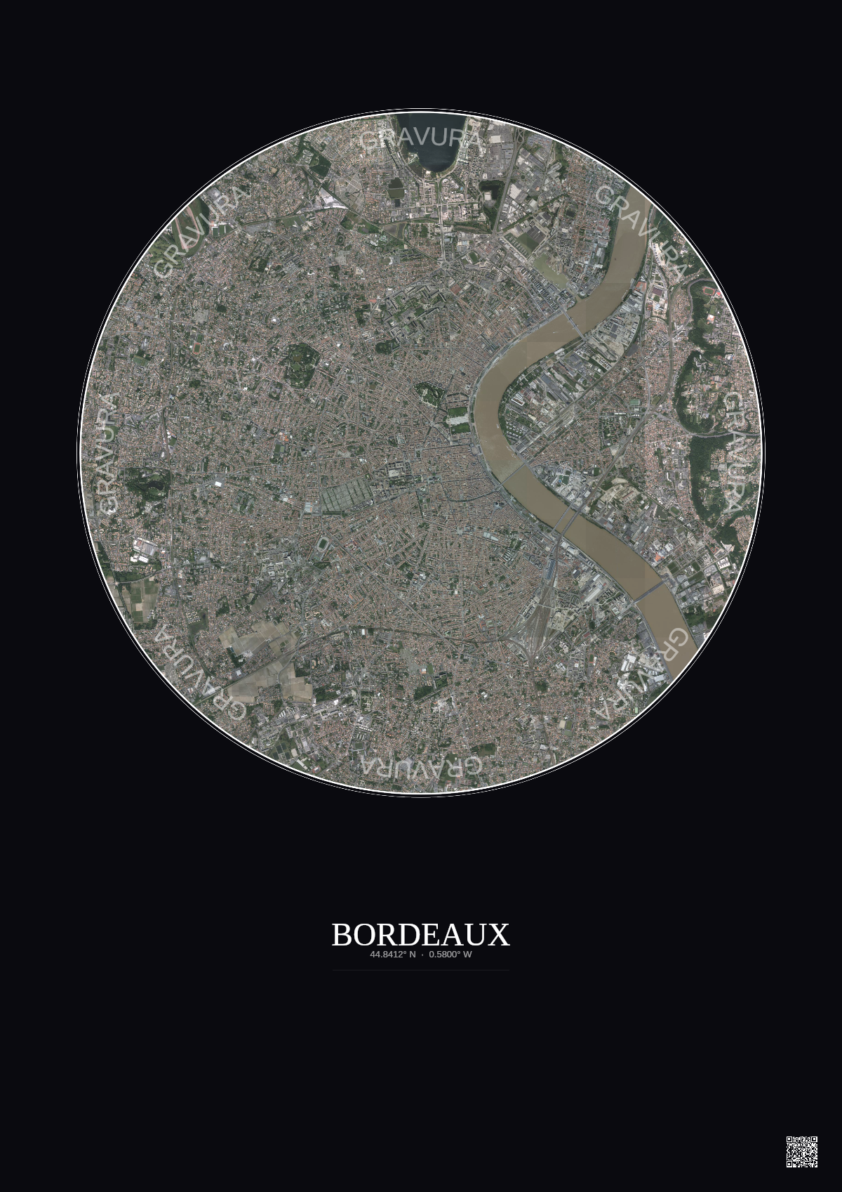 Affiche Bordeaux – Poster vue satellite 5km Couleur | Gravura – Fond foncé