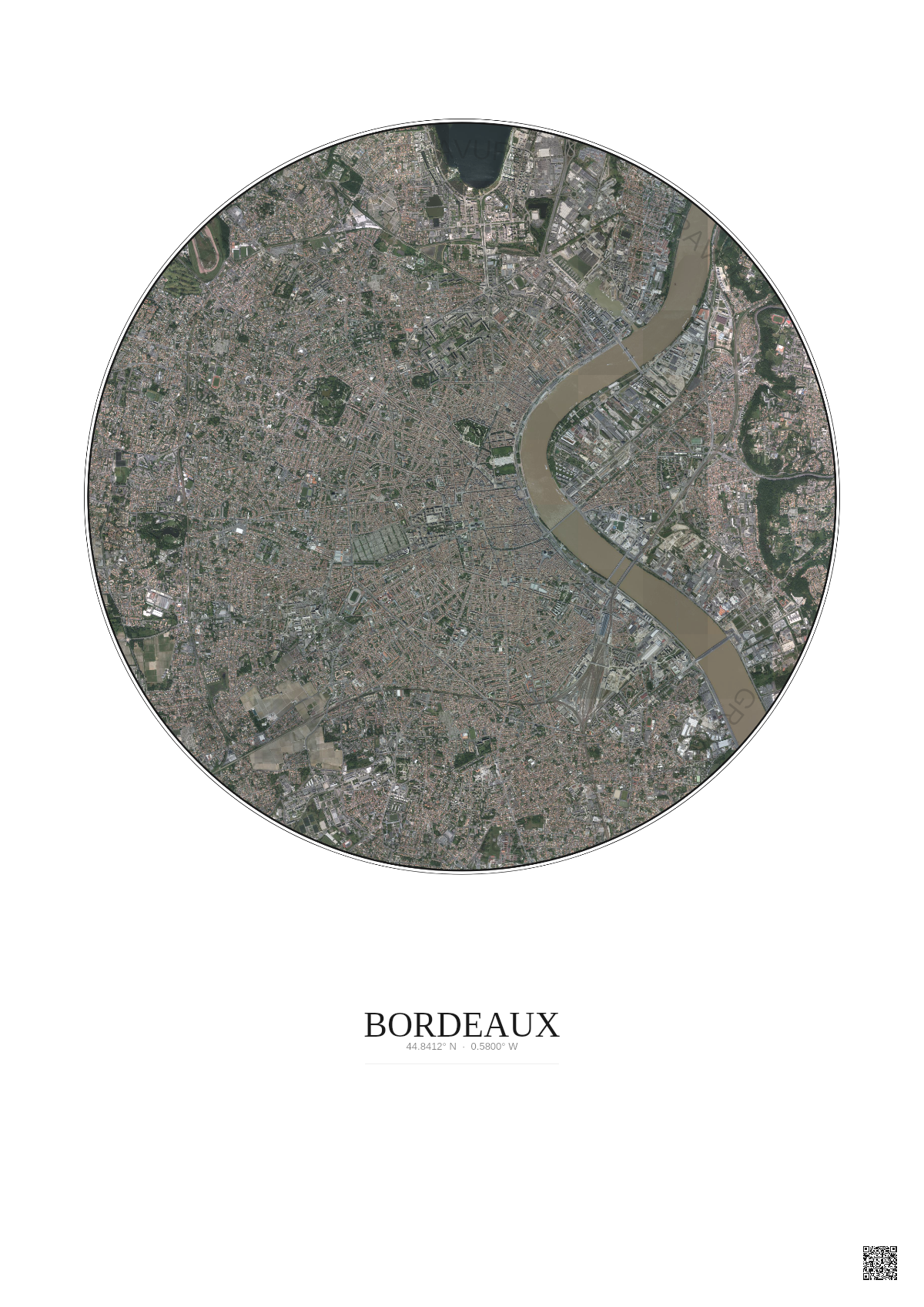 Affiche Bordeaux – Poster vue satellite 5km Couleur | Gravura – Fond clair