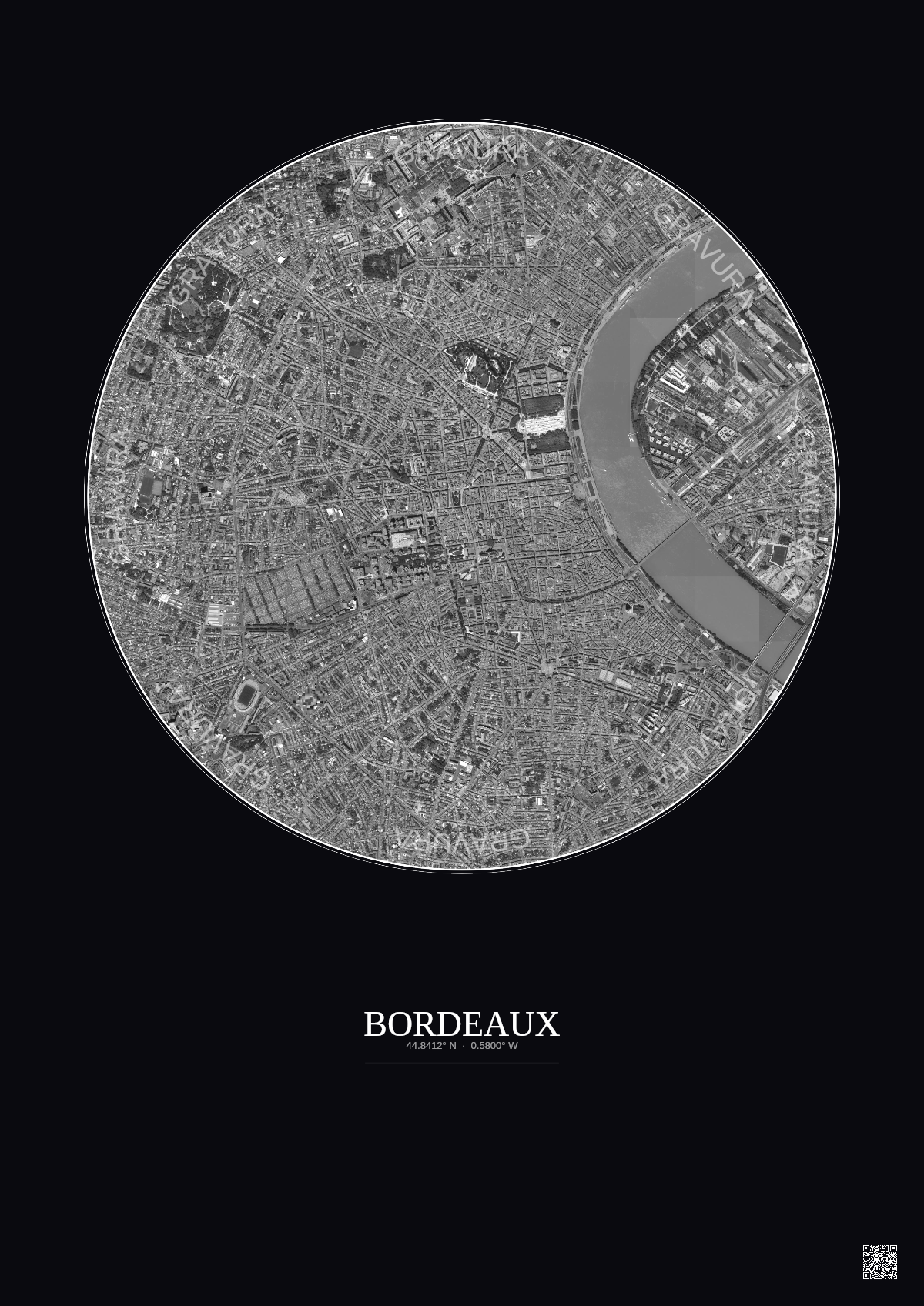 Affiche Bordeaux – Poster vue satellite 2.5km N&B | Gravura – Fond foncé