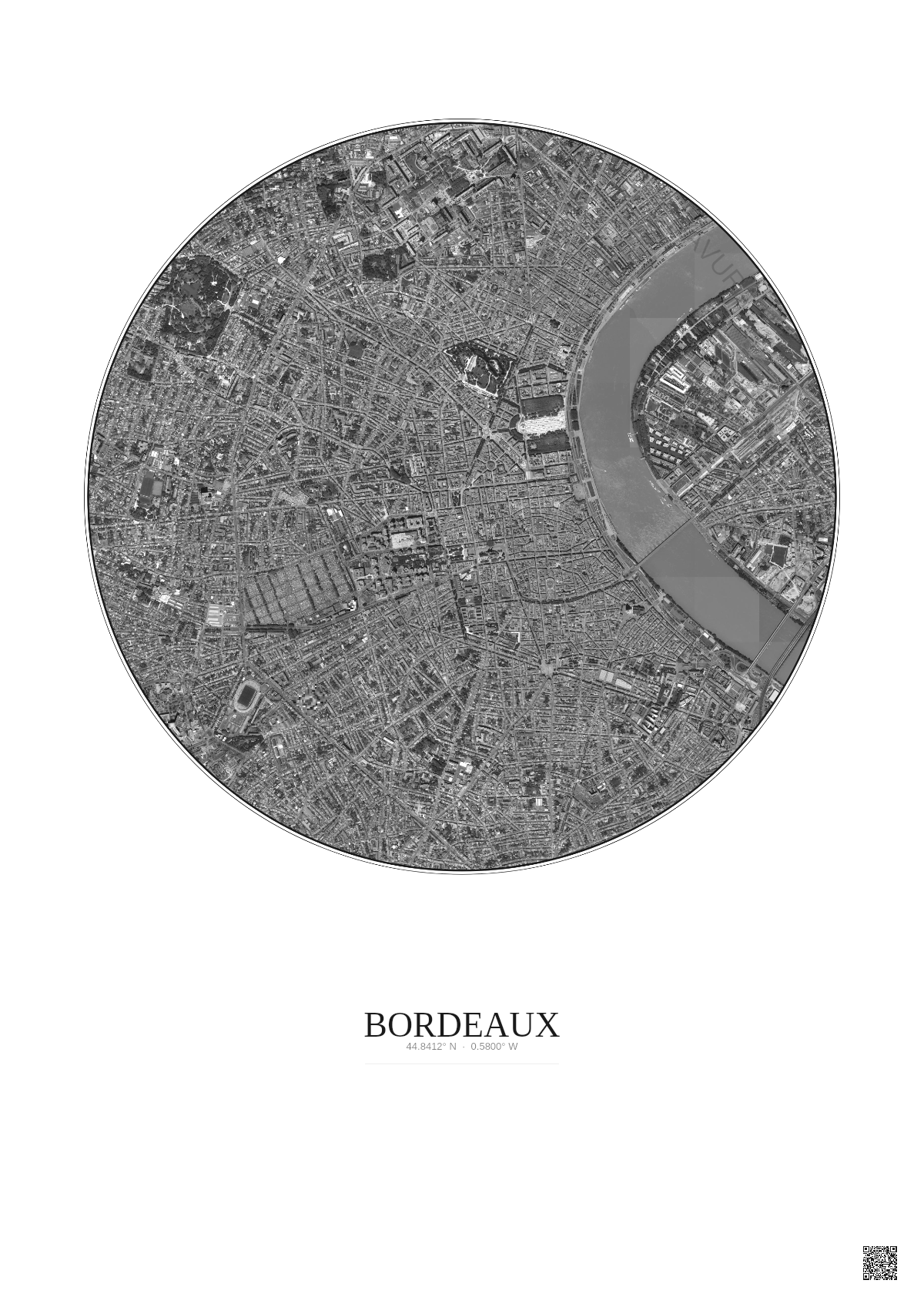 Affiche Bordeaux – Poster vue satellite 2.5km N&B | Gravura – Fond clair