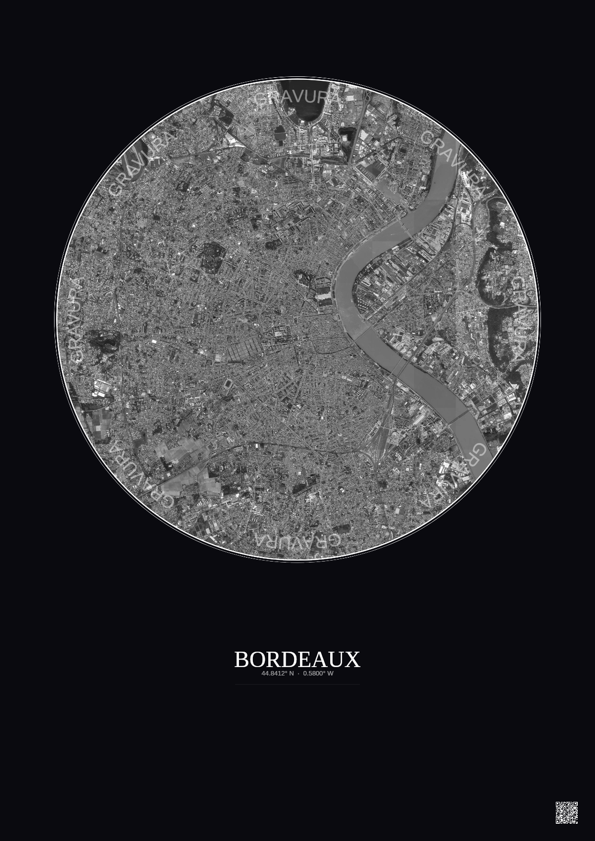 Affiche Bordeaux – Poster vue satellite 5km N&B | Gravura – Fond foncé
