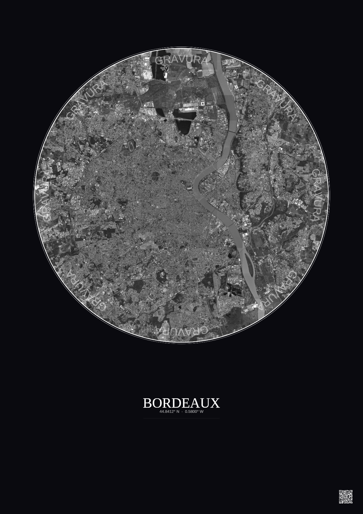 Affiche Bordeaux – Poster vue satellite 10km N&B | Gravura – Fond foncé