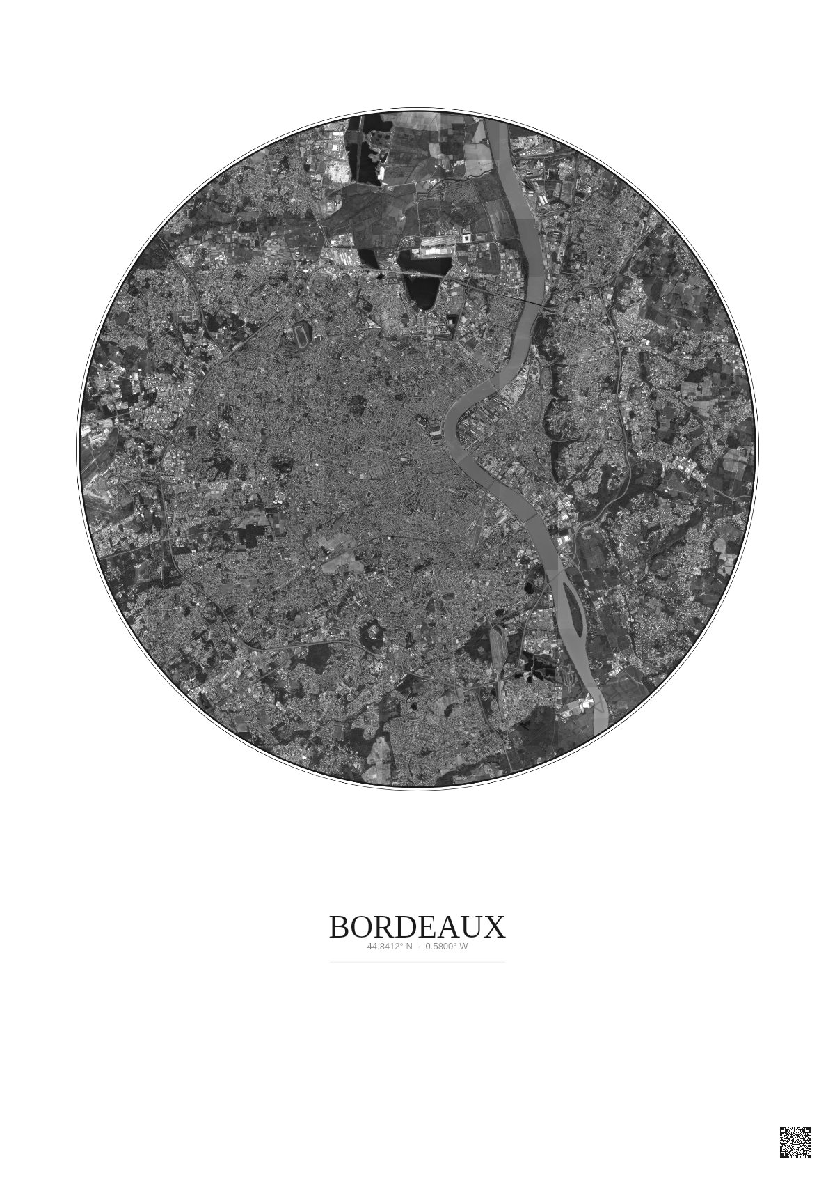 Affiche Bordeaux – Poster vue satellite 10km N&B | Gravura – Fond clair