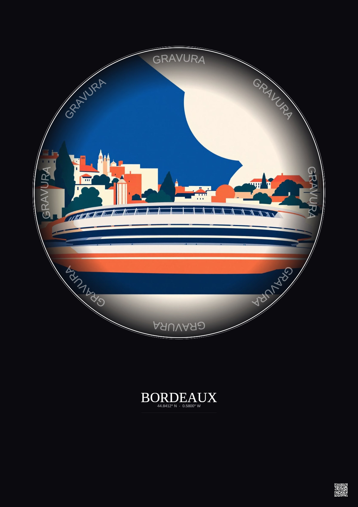 Affiche Bordeaux – Poster illustration vintage – Stade Atlantique | Gravura – Fond foncé