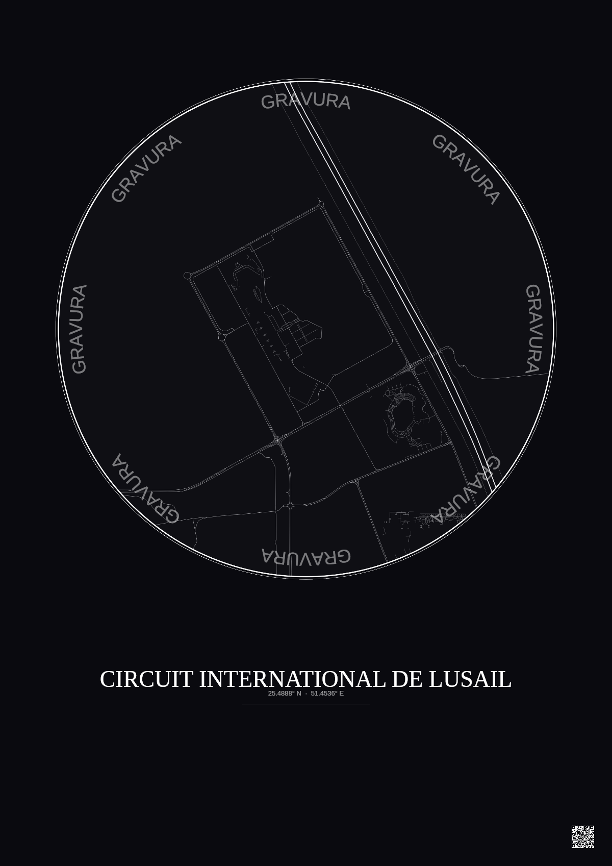 Affiche Circuit International De Lusail – Poster carte de ville 2.5km | Gravura – Fond foncé