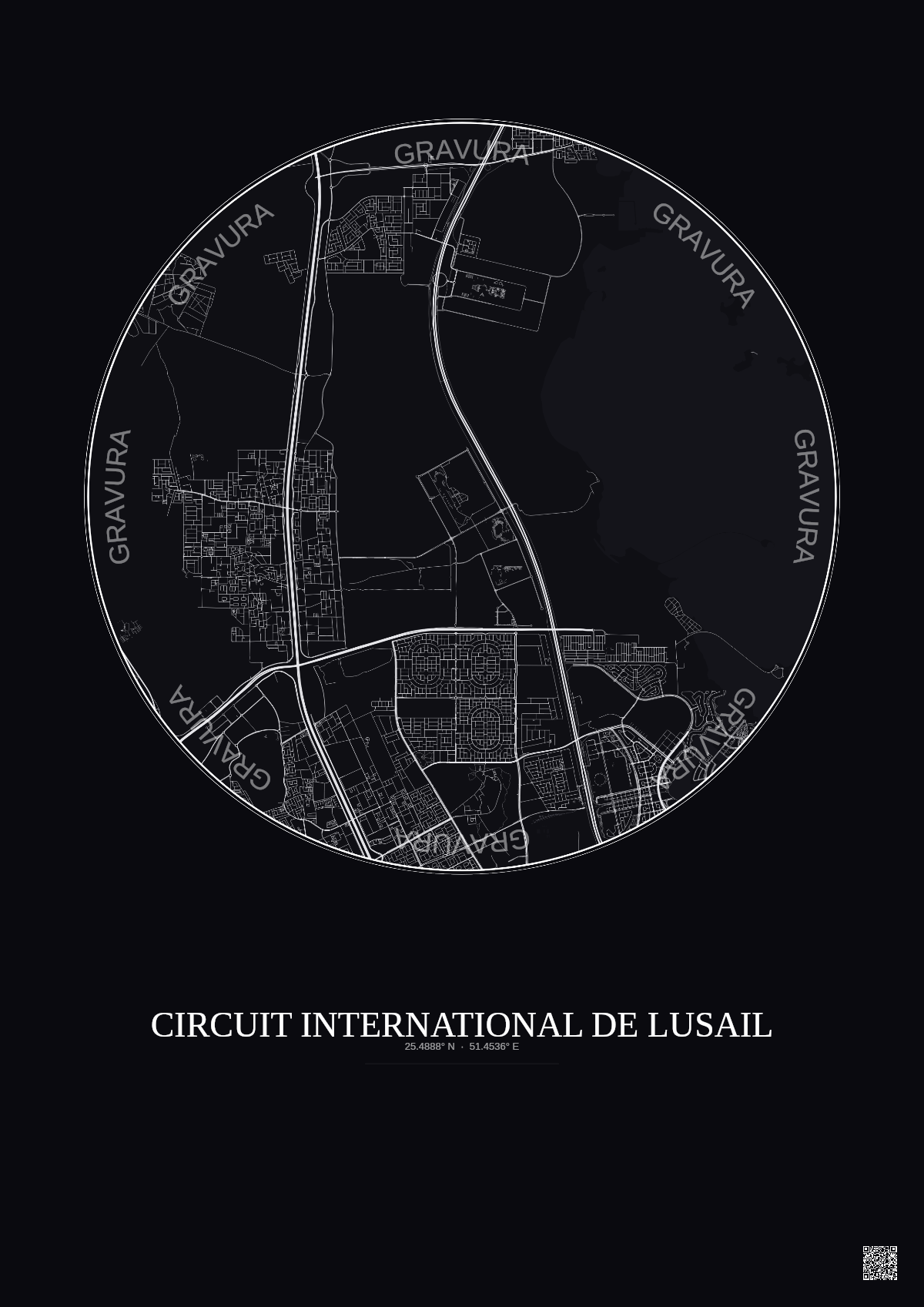Affiche Circuit International De Lusail – Poster carte de ville 10km | Gravura – Fond foncé
