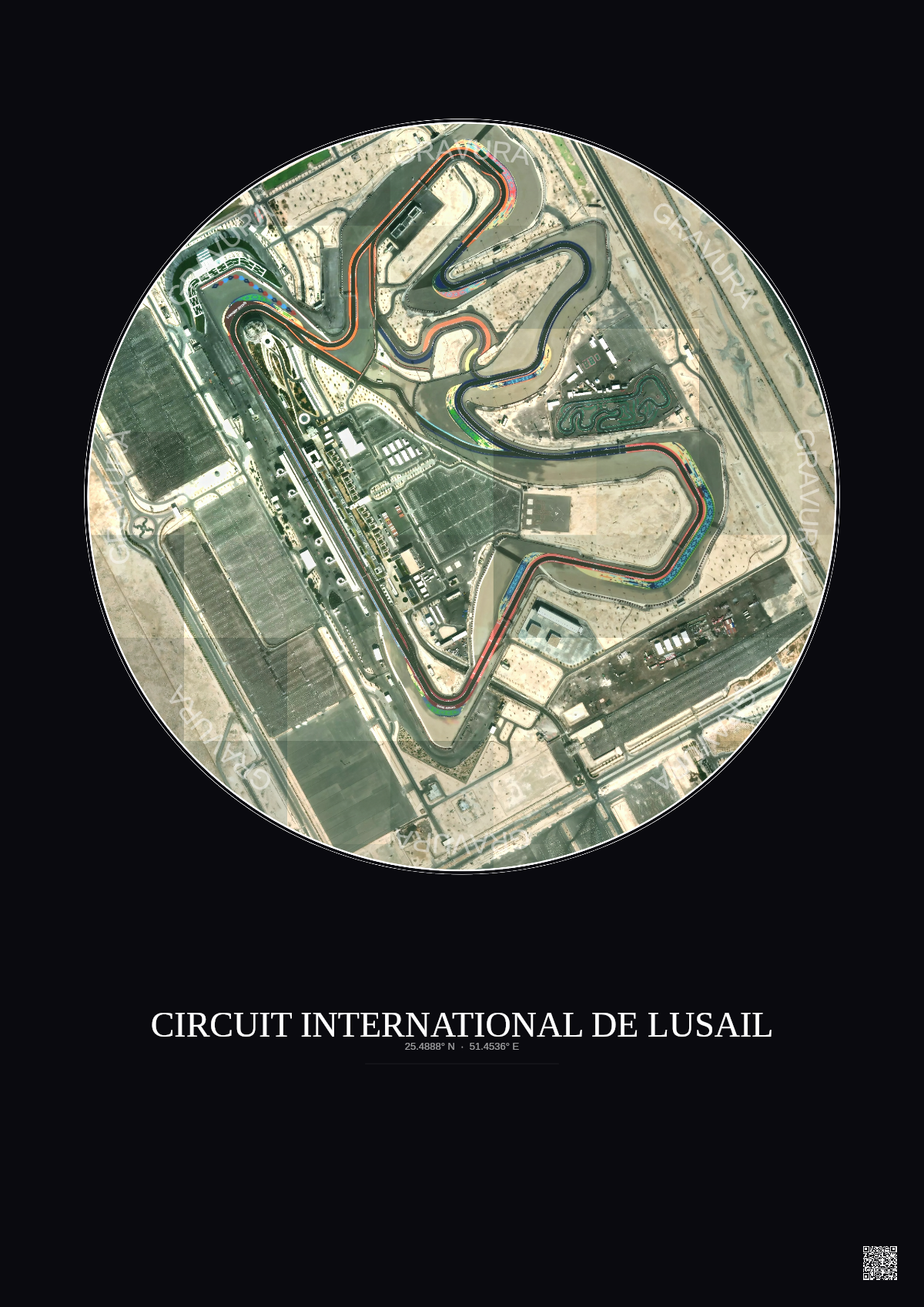 Affiche Circuit International De Lusail – Poster vue satellite 1km Couleur | Gravura – Fond foncé