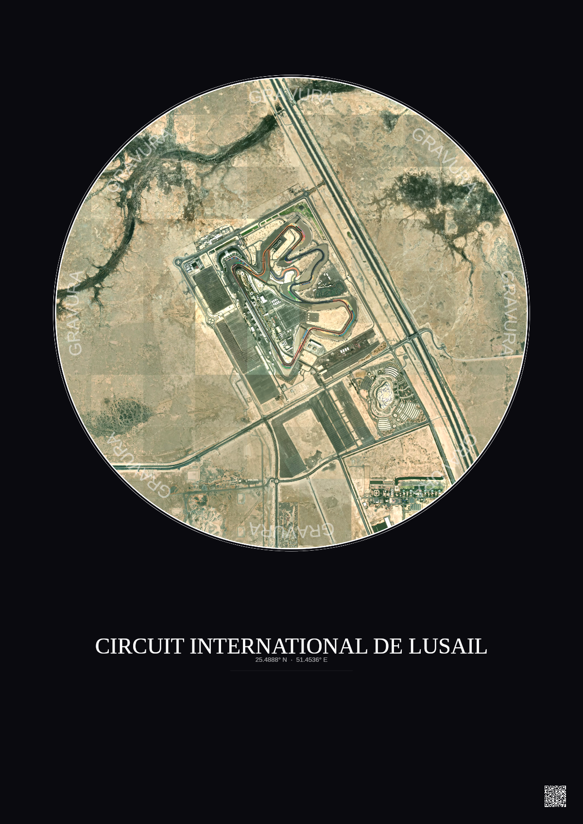 Affiche Circuit International De Lusail – Poster vue satellite 2.5km Couleur | Gravura – Fond foncé