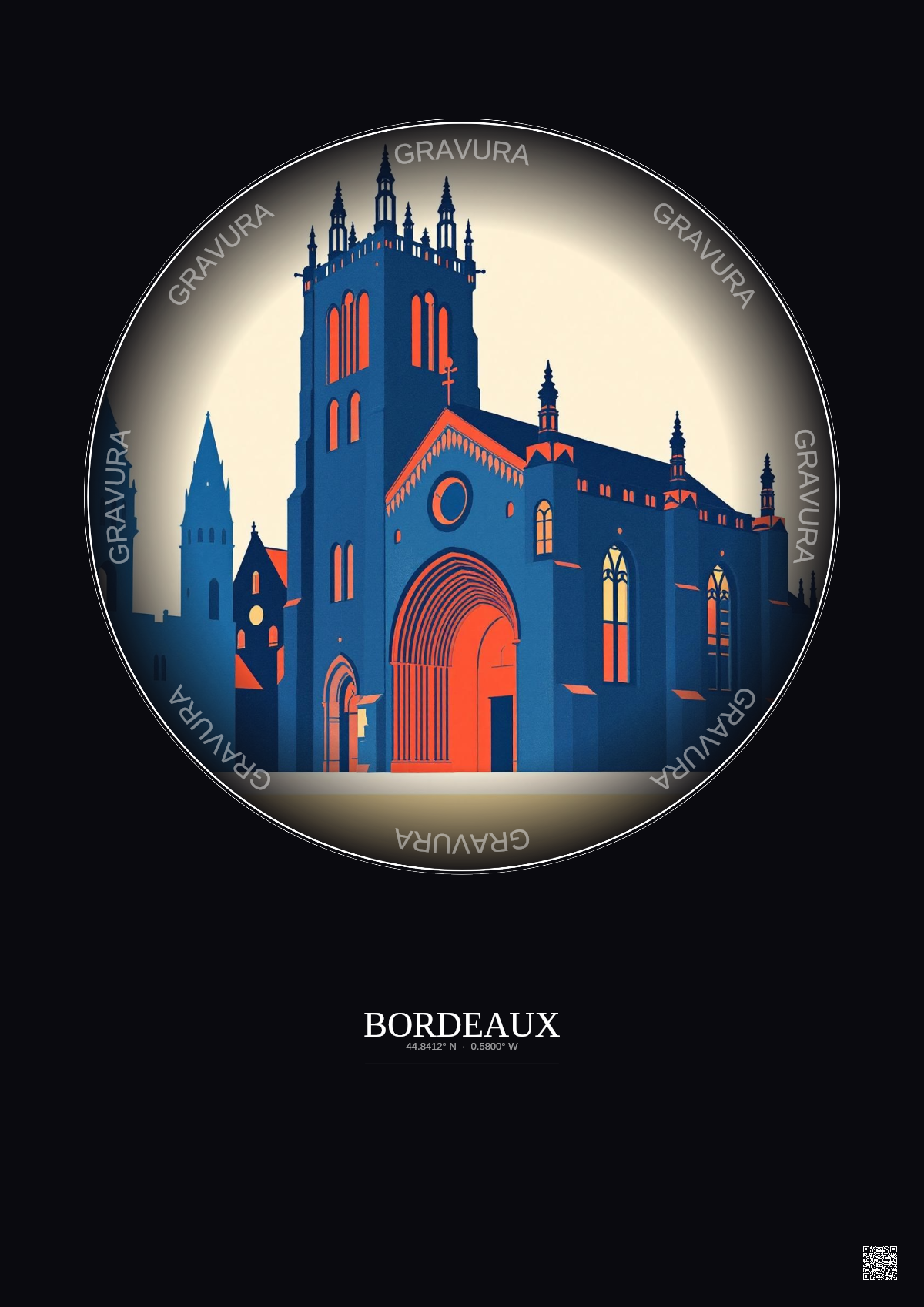 Affiche Bordeaux – Poster illustration vintage – Cathedrale Saint Andre De Bordeaux | Gravura – Fond foncé