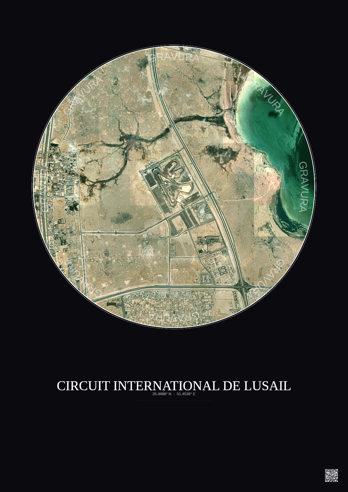 Affiche Circuit International De Lusail – Poster vue satellite 5km Couleur | Gravura – Fond foncé