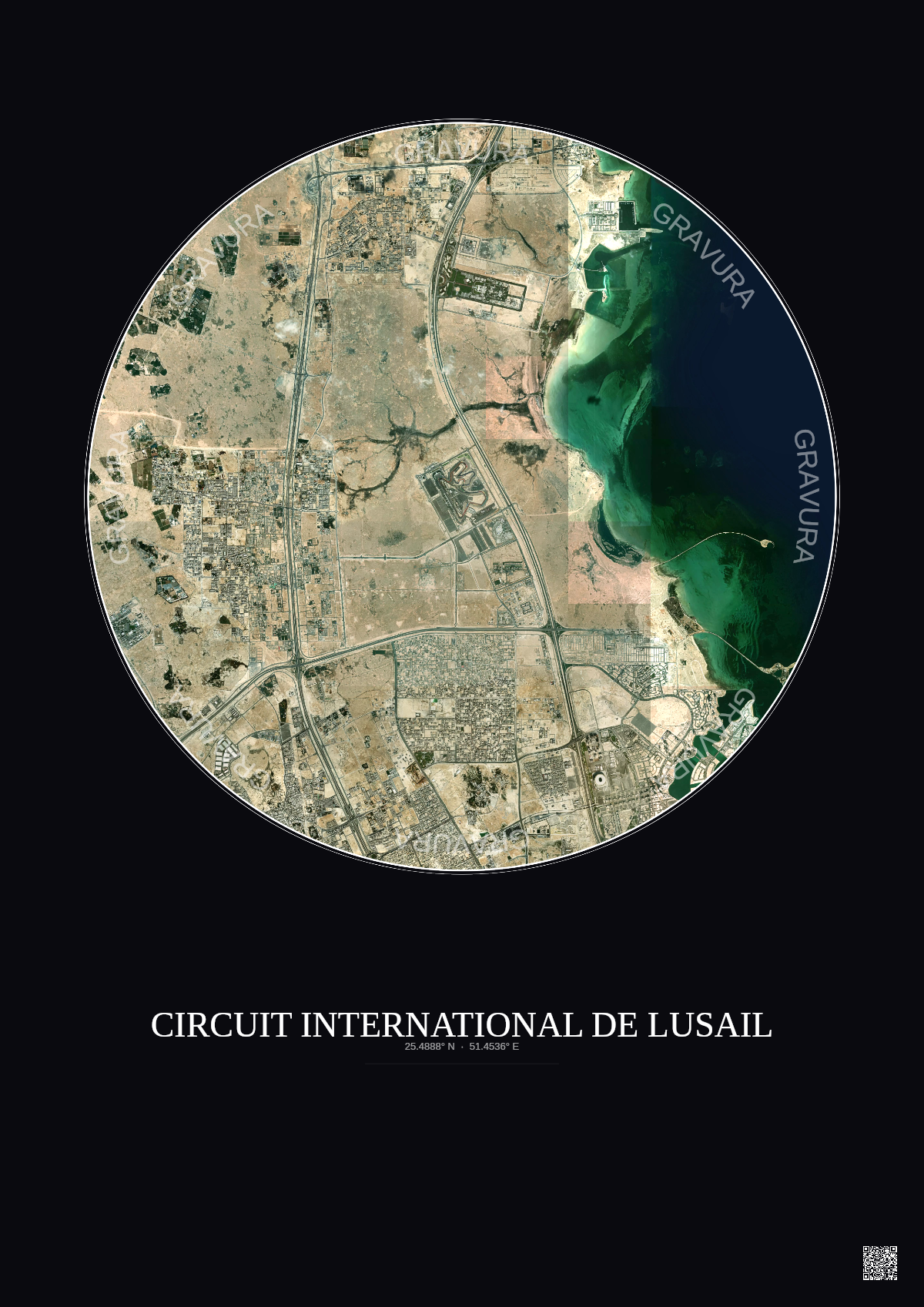 Affiche Circuit International De Lusail – Poster vue satellite 10km Couleur | Gravura – Fond foncé