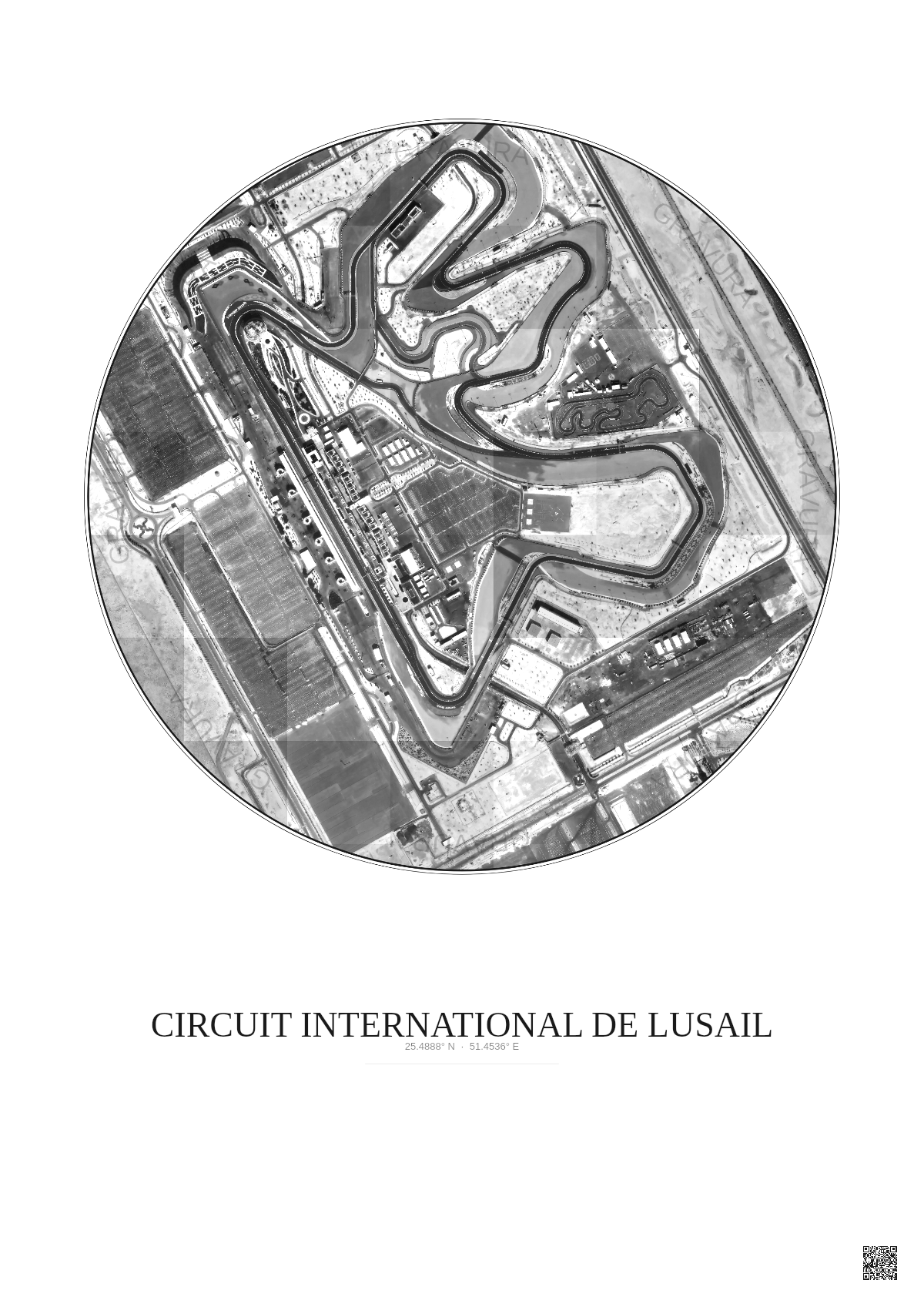 Affiche Circuit International De Lusail – Poster vue satellite 1km N&B | Gravura – Fond clair