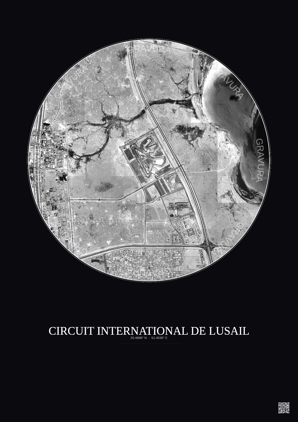 Affiche Circuit International De Lusail – Poster vue satellite 5km N&B | Gravura – Fond foncé